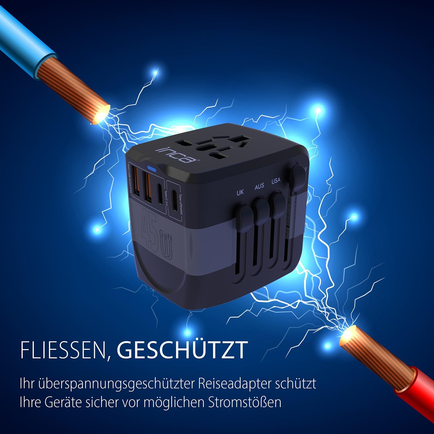 inca IPW-45SA adapter podróżny na całym świecie, 45 W, wtyczka podróżna z 2 USB-C, 2 USB-A, szybkie ładowanie PD 45 W, międzynarodowy adapter do gniazda wtykowego do USA/UE/UK/OFF – ponad 150 krajów