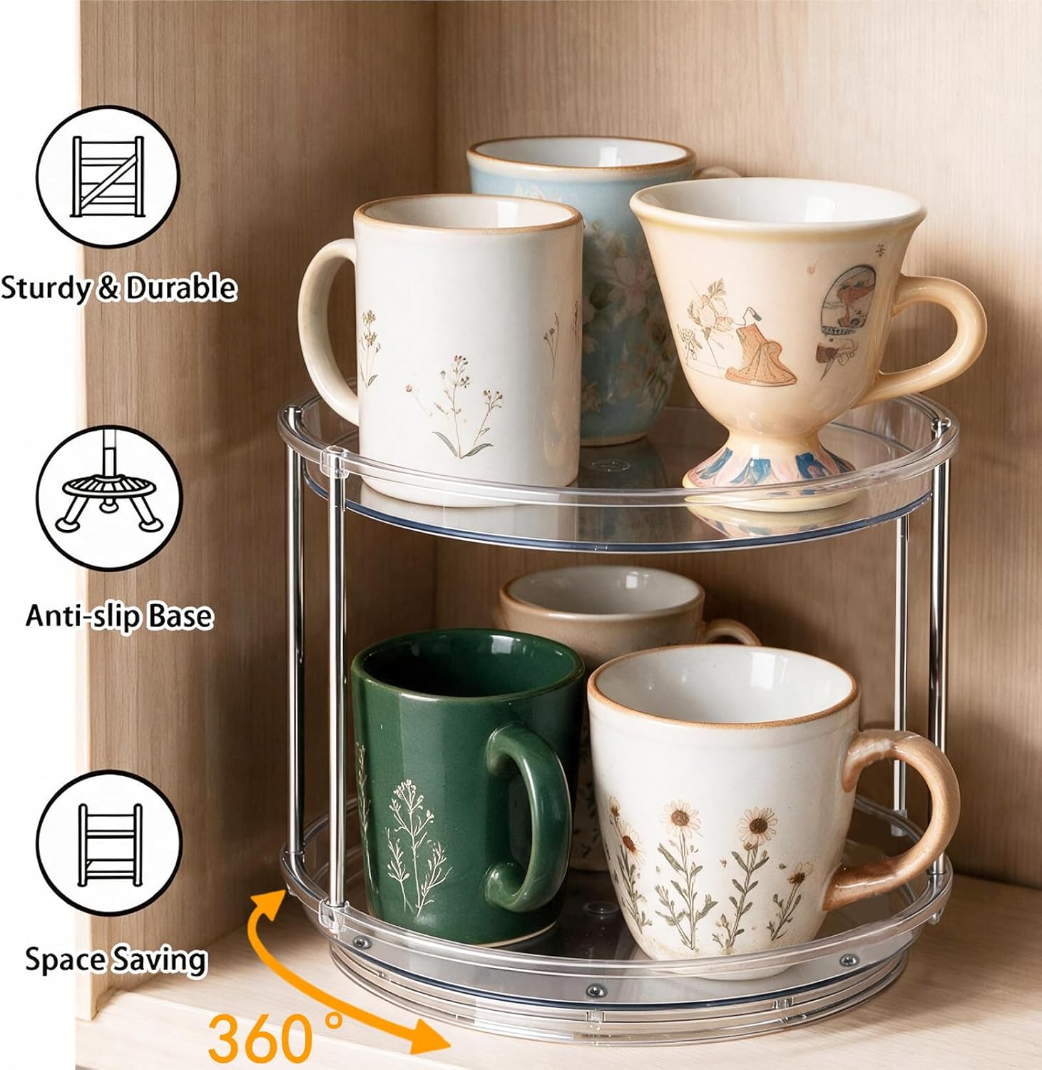 Rotating Coffee Mug Holder, 9" 2-Tier Coffee Cup Organizer for Cabinet