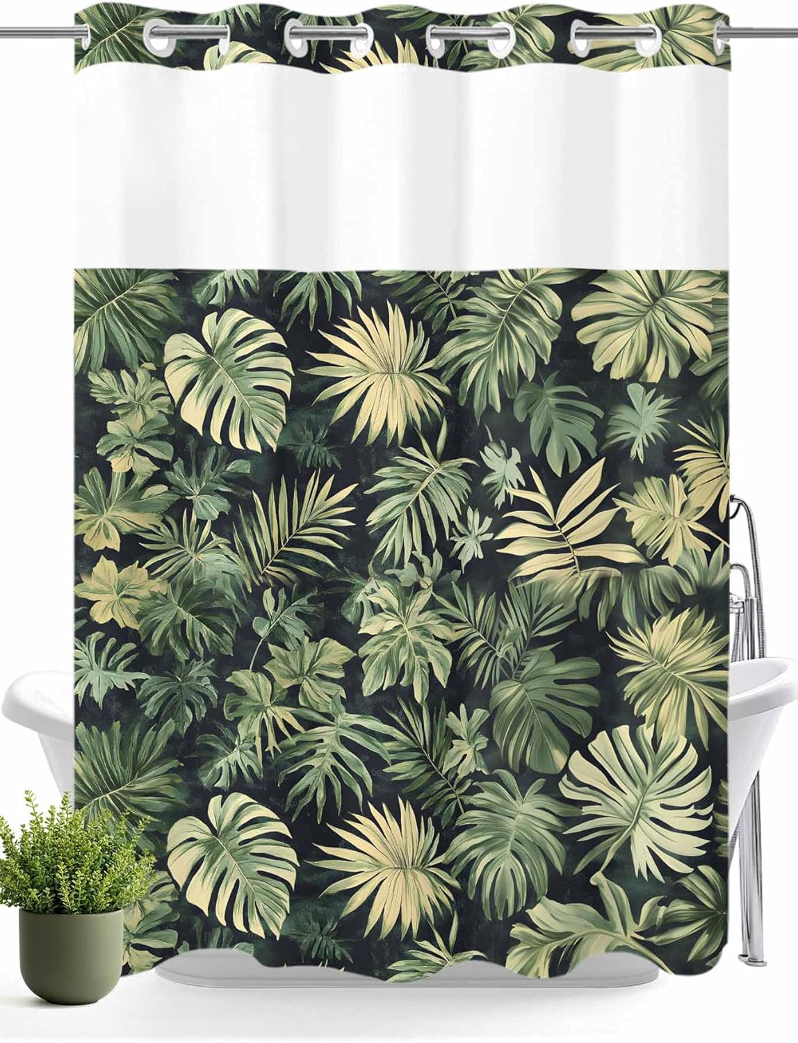 No Hook Shower Curtain with Snap in Liner, Summer Tropical Plant Monstera Leaf Waterproof Bath Curtain Double Layers with See Through Top Window, Watercolor Leaves Seamless Hotel Shower Curtains