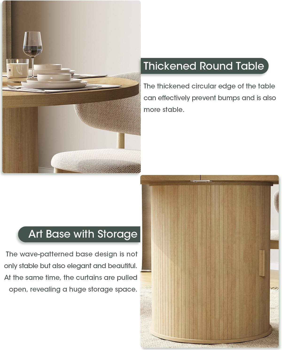 LINLUX 47-inch Round Dining Table with Storage, Modern Fluted Design Side Shelf for Dining Room, Kitchen, Perfect for 4-6 People (Natural Wood)