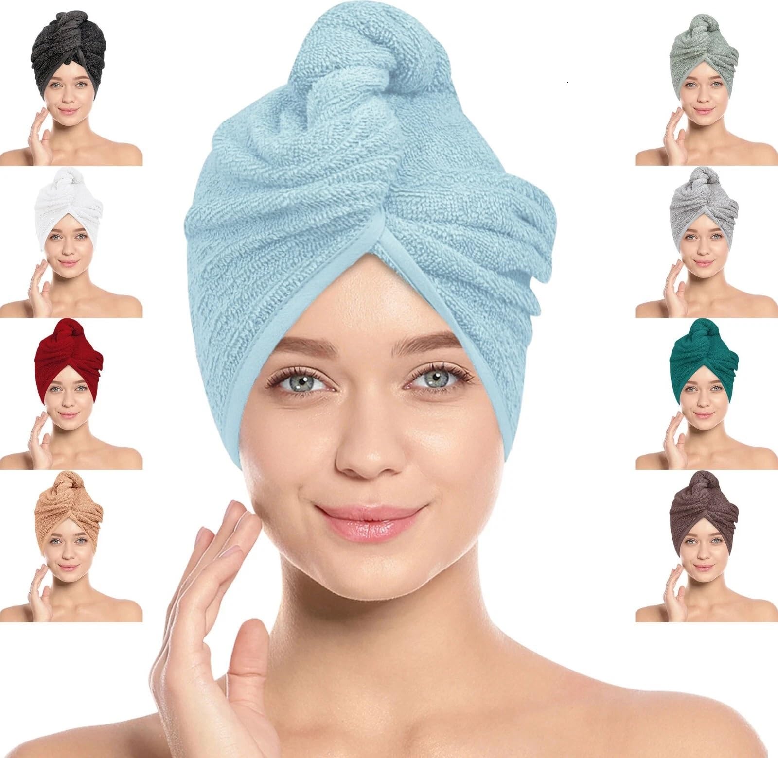 BAVIN Hair Towel Wrap, 100% Pure Cotton, Rapid-Dry Hair-Drying Turban, Ultra Soft and Quick Drying Absorbent, Anti Frizz Hair Large Towel with Button Loop, 66cm x 26cm (Light Blue, Pack of 2)