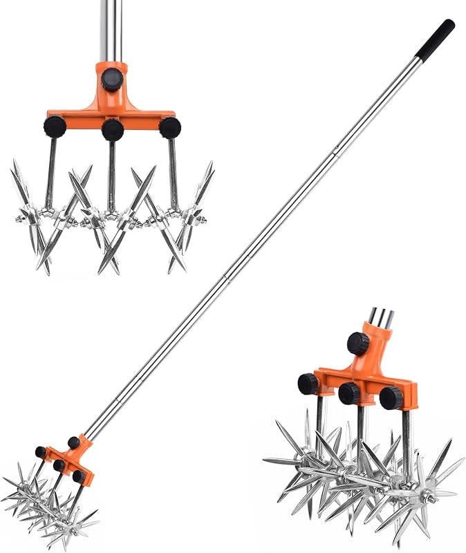 BARAYSTUS Cultivador rotativo para jardín, cultivador giratorio con postes ajustables de acero inoxidable, cultivador manual para mezclar suelo o resembrar césped, longitud total de 57 pulgadas