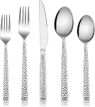 E-far Hammered Silverware Set, 30-Piece Stainless Steel Square Flatware Set for 6, Metal Tableware Cutlery Set Includes Dinner Knives/Forks/Spoons, Modern Design & Mirror Polished - Dishwasher Safe