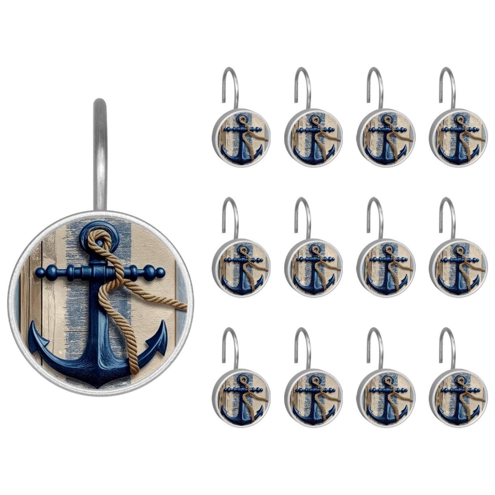 Anchor Decorative Shower Curtain Hooks Rings, Rust-Resistant Metal Glide Shower Hooks for Bathroom 12pcs Shower Curtain Hooks