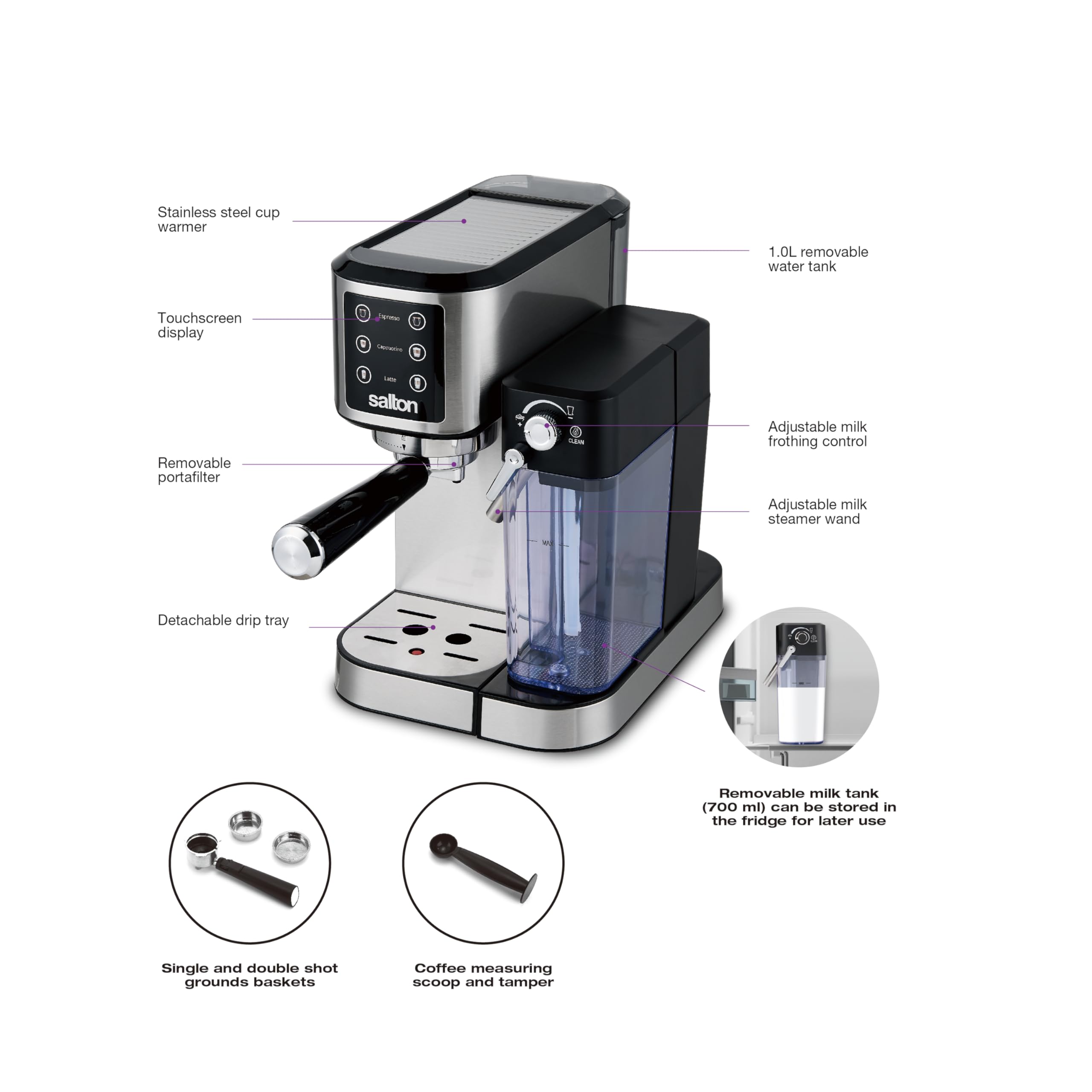 Salton Barista+ 3-in-1 Espresso, Cappuccino & Latte Machine with Milk Removable Container