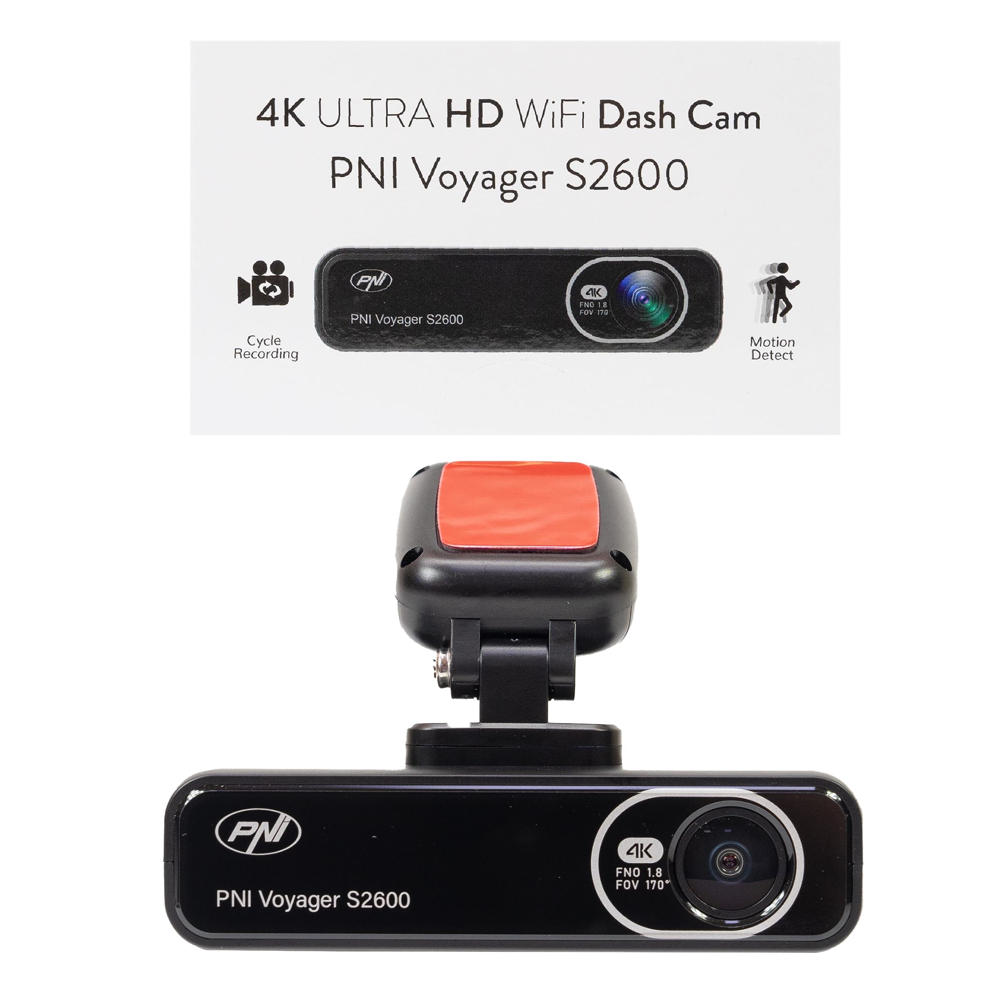 Zestaw 2 kamer samochodowych DVR PNI Voyager S2600 WiFi, 4K Ultra HD, GPS, bez wyświetlacza, funkcja monitorowania parkowania, czujnik G, nagrywanie wideo i audio, zasilanie 12 V/24 V