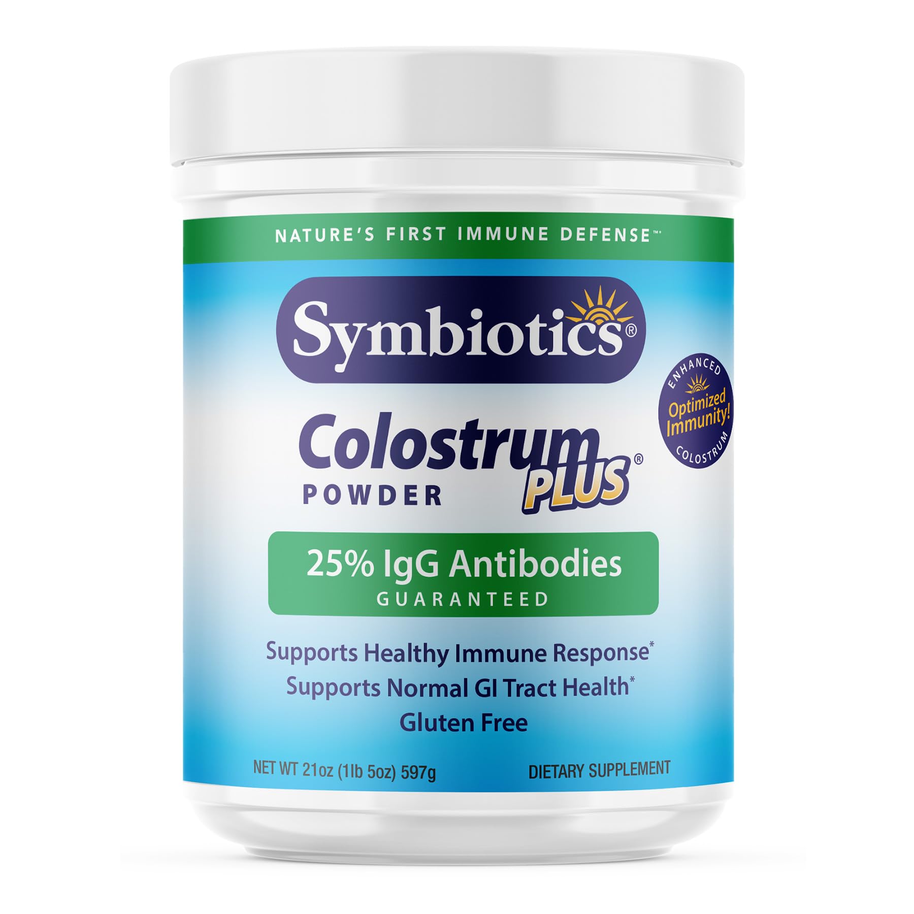 Symbiotics Colostrum Plus Powder 21 oz (597 g) - Immunity Support - Promotes Athletic Performance and Optimal Iron Levels - Immunoglobulin - 25% lgG Antibodies - Gluten Free