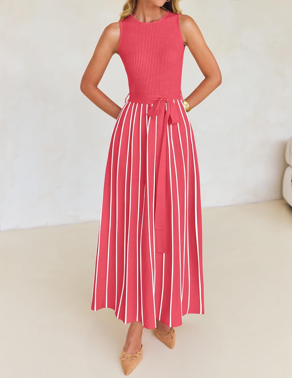 ZESICA Women's Summer Sleeveless Maxi Dress 2026 Crewneck Ribbed Knit Tie Waist Casual A Line Sweater Dresses - Image 8