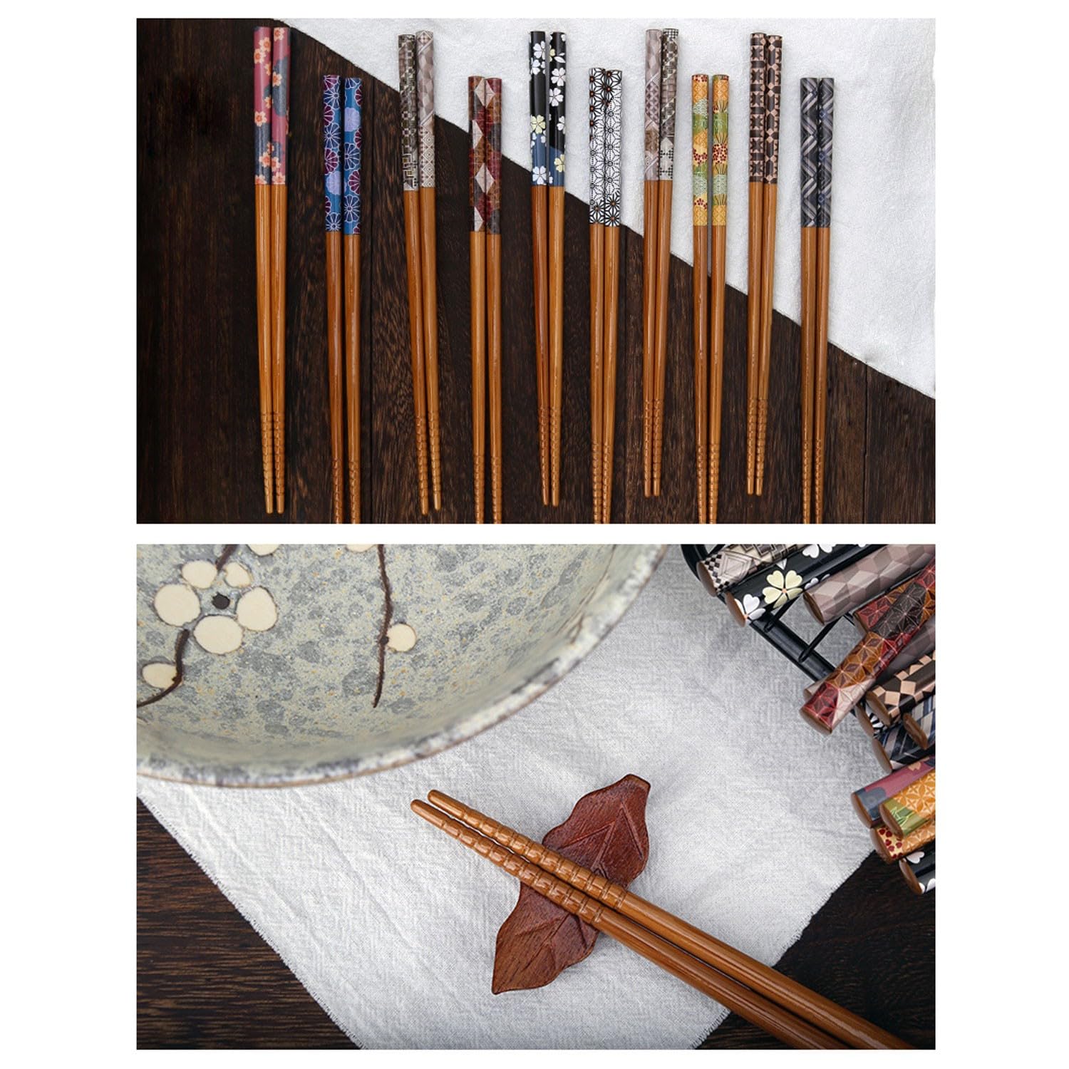 Lot de 10 Baguettes japonaises Doubles réutilisables en Bambou antidérapant de 22,5 cm