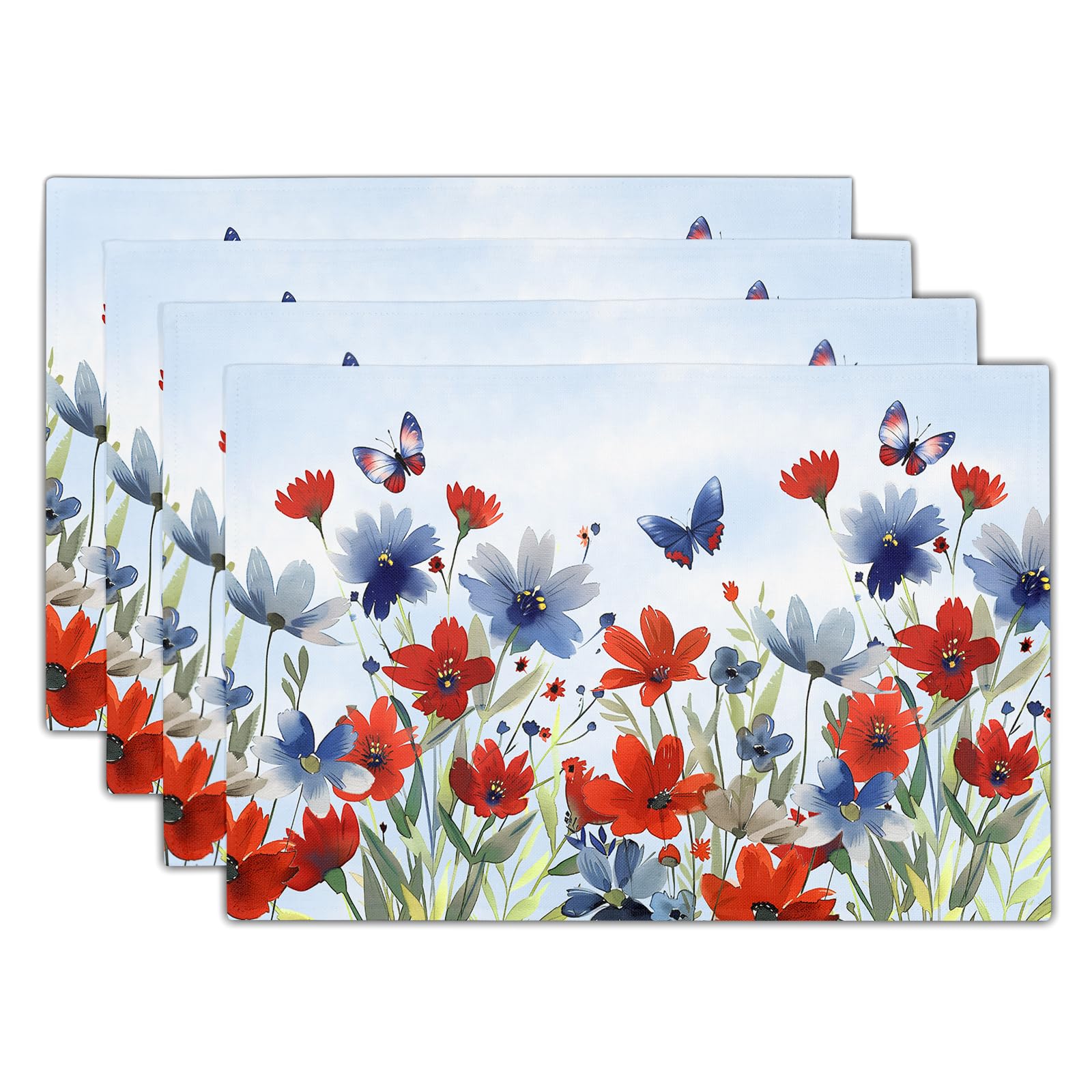 Kawani 4th of July Floral Placemats Set of 4 Patriotic Red Blue Watercolor Flowers Place Mats 12x18 Inch Table Mat for Home Kitchen Party Decor