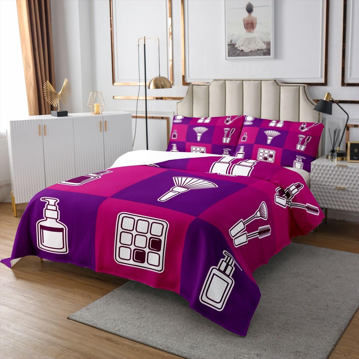 Erosebridal Cosmetics and Perfumes Quilt Set Makeup Perfume for Girl King Bedspread Set Makeup Pattern Coverlet Sets Patchwork Make Up Quilted