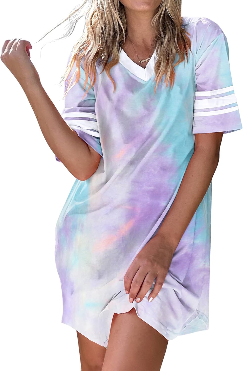 Ekouaer Nightgowns for Women Cotton Night Gown Short Sleeve Sleepwear V Neck Color Block Sleep Shirts Ladies Night Shirts