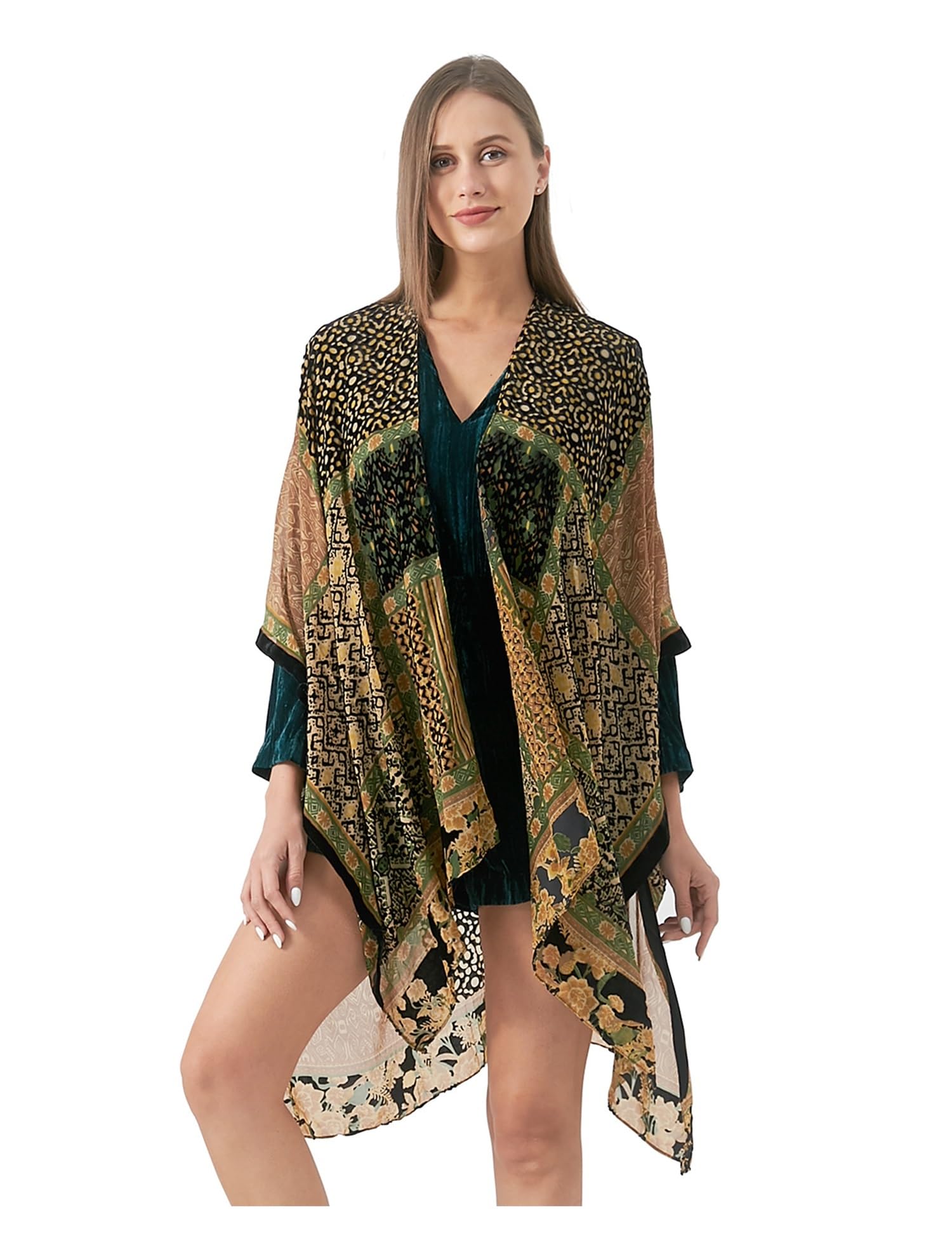 Kimono in Peluche Bruciato for Cardigan Lungo da Donna con Camicia in Chiffon Scialle Casual Copricostume Spiaggia Nappe(JYPF-32)