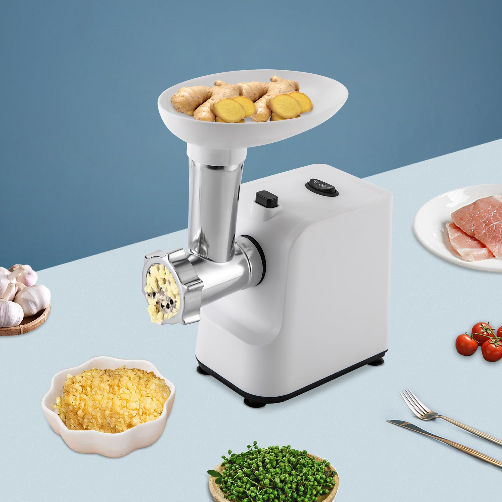 Picadora de carne eléctrica de 1000 W con relleno de salchichas y 3 discos perforados de acero inoxidable para cocina (blanco)