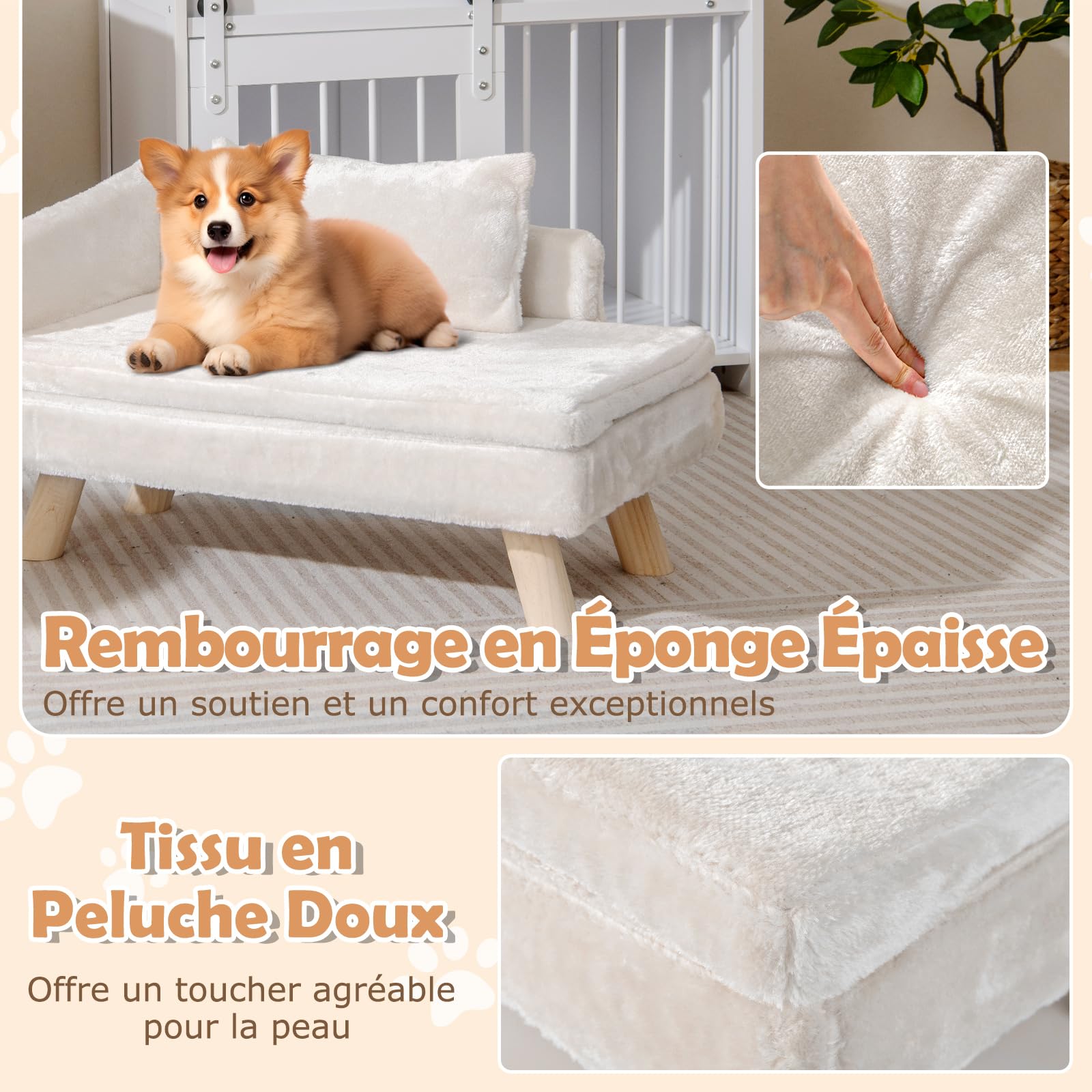 COSTWAY Canapé Lit pour Chien Chat Charge 30/50 kg, Oreiller et Coussin Amovibles, 4 Pieds en Bois, Panier pour Chien Chat Moyens & Petits, Dossier Haut (Beige,71 x 43 x 40 cm)