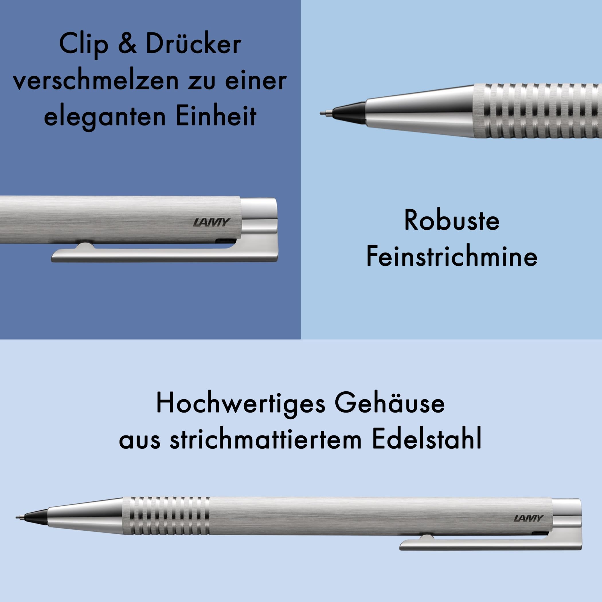 Lamy logo brushed Druckbleistift – zeitloser Minenbleistift mit hoher Funktionalität & Gehäuse aus robustem Edelstahl – Bleistift mit Feinstrichmine M 40 in Strichbreite 0,7 mm
