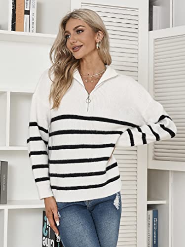 Lanisen Striped Sweater Women's Half Zip Sweatshirt 2023 Long Sleeve Knitted Pullover Loose Shirt Tops With Button Fall Winter White #TOP2