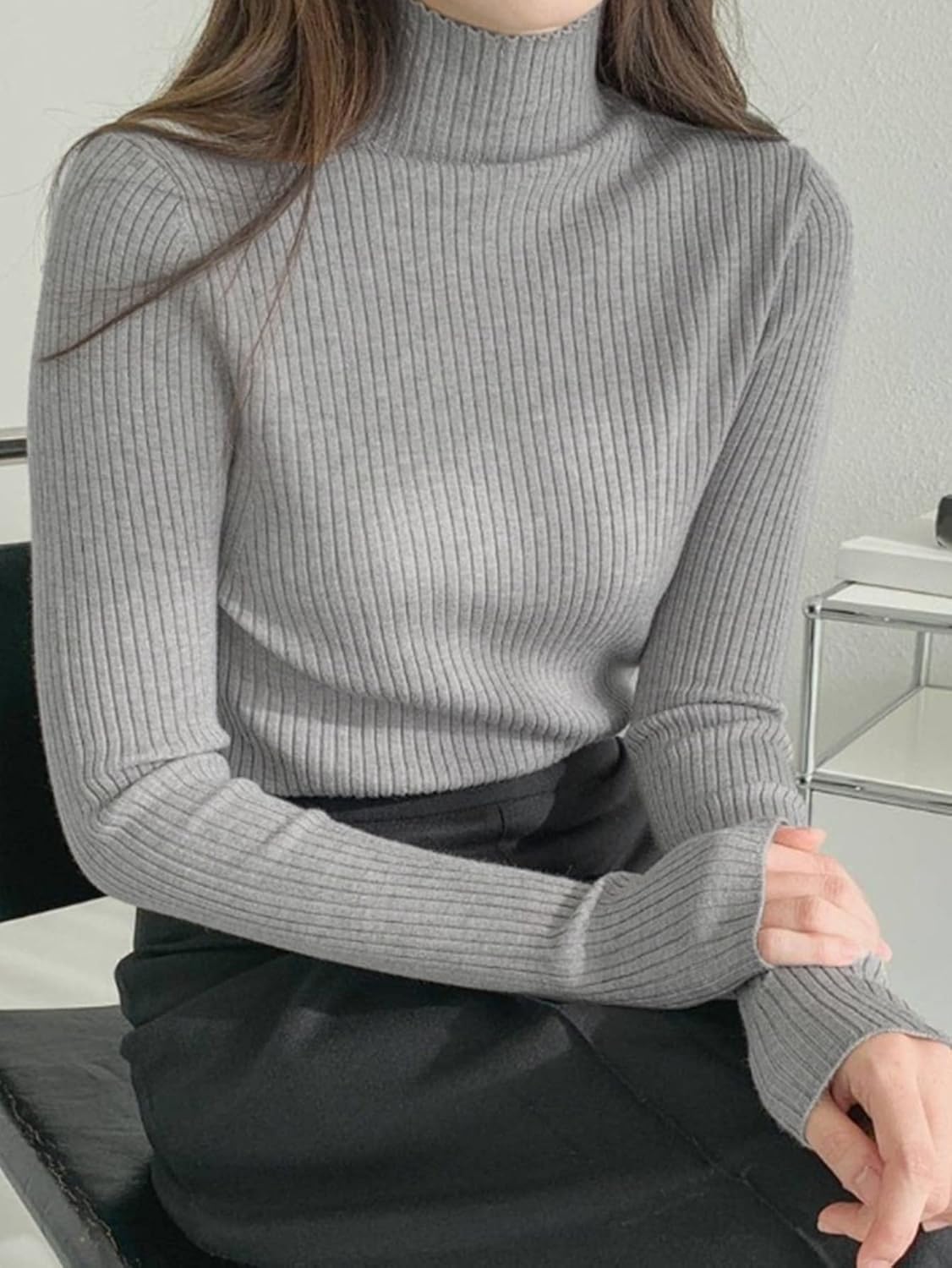 Women's Sweater High Neck Ribbed Knit Sweater Sweater for Women (Color : Gray, Size : Medium)