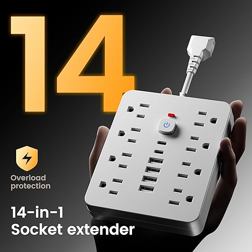 Miniatura 7 de Regleta protectora de sobretensiones, cable de extensión con 8 salidas de CA, 6 puertos USB (2 USBC) e interruptor de un solo toque, extensor de