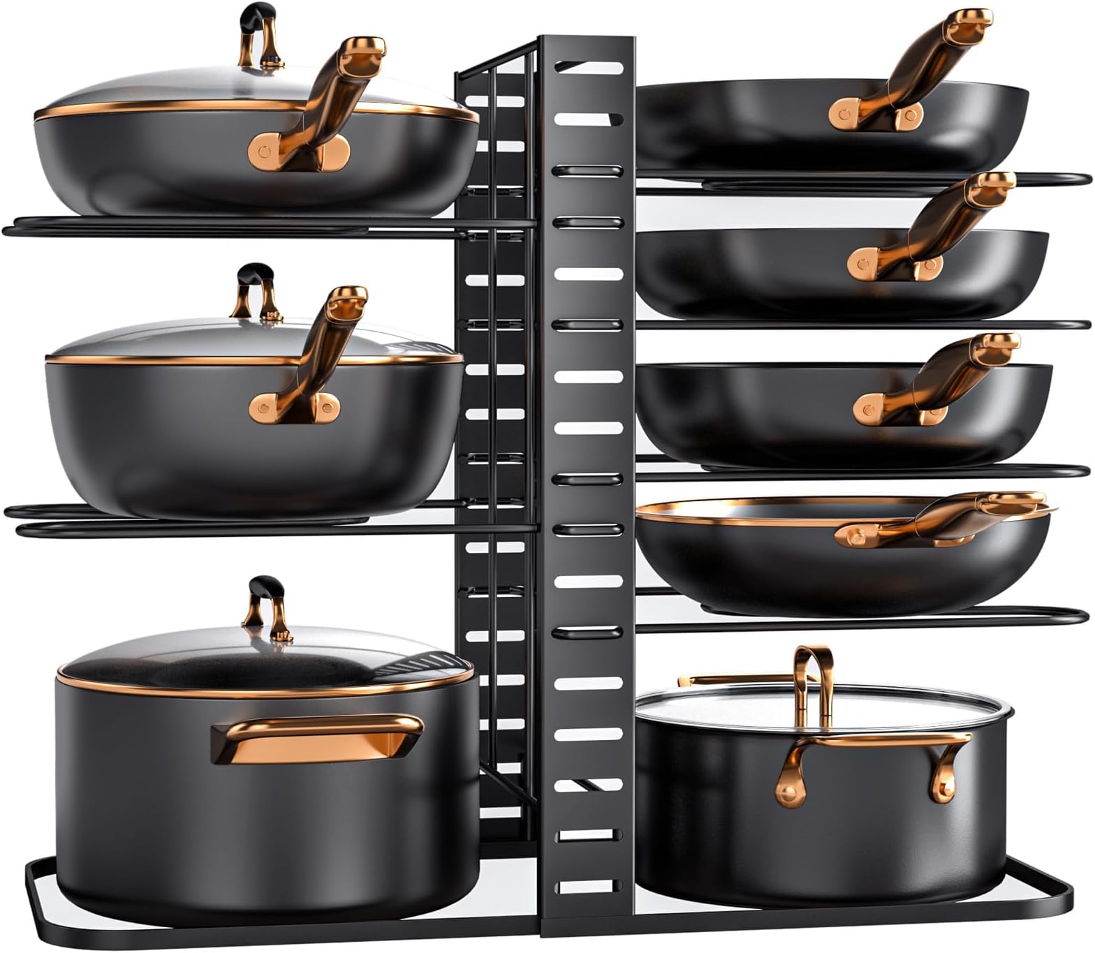 Pots and Pans Organizer Rack under Cabinet 14.55in Height, 8-Tiers Adjustable Pot Rack with 3 DIY Methods, Pot Lid Organizer inside Cabinet for Kitchen Pantry Organization and Storage