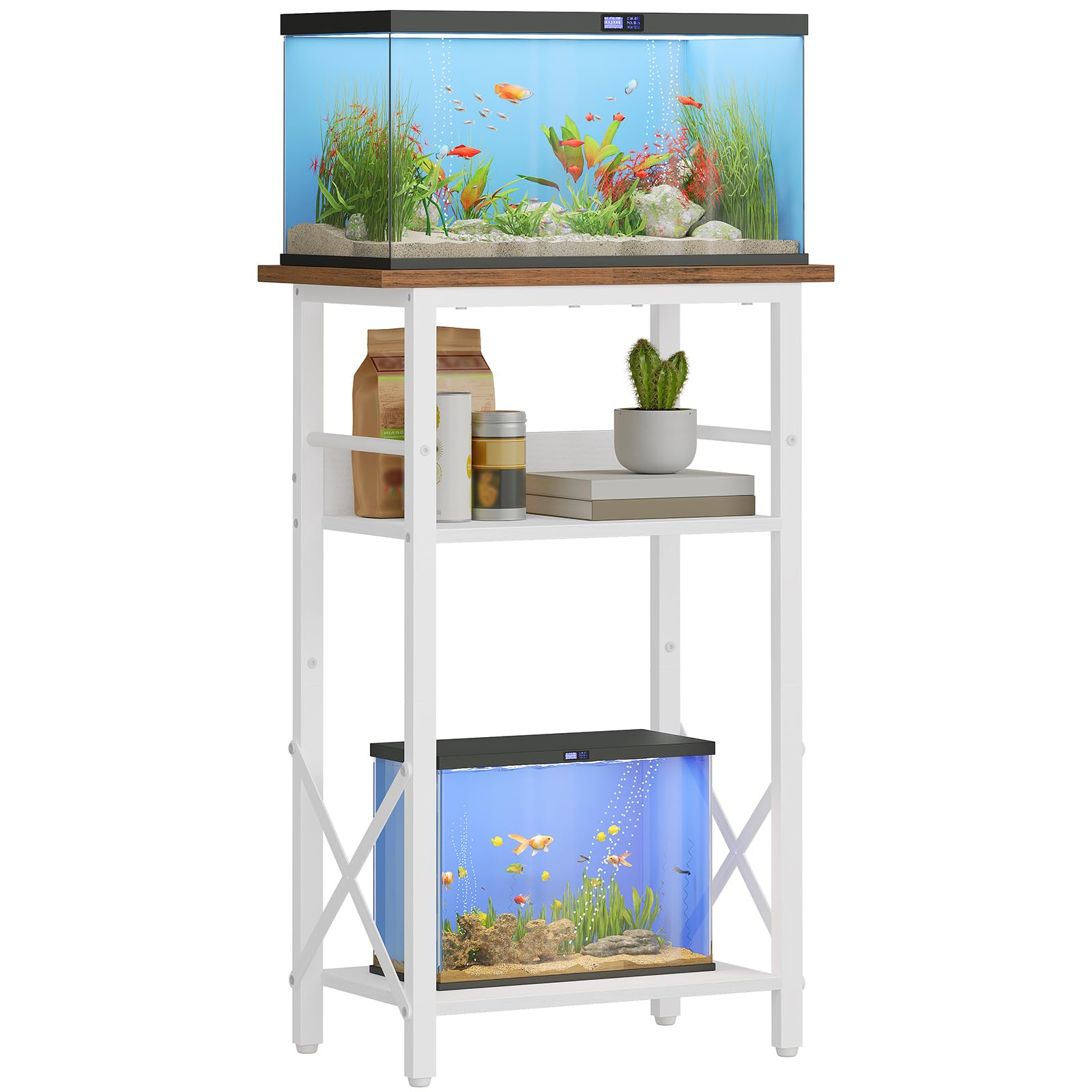HOOBRO 3-stöckiger Aquarium Unterschrank, 37,8 L Aquarienständer, Fischtank Schrank, Aquarienschrank, Aquariumregal, Fischtankständer für Wohnzimmer und Büro, Weiß und Walnuss EWH52FT01