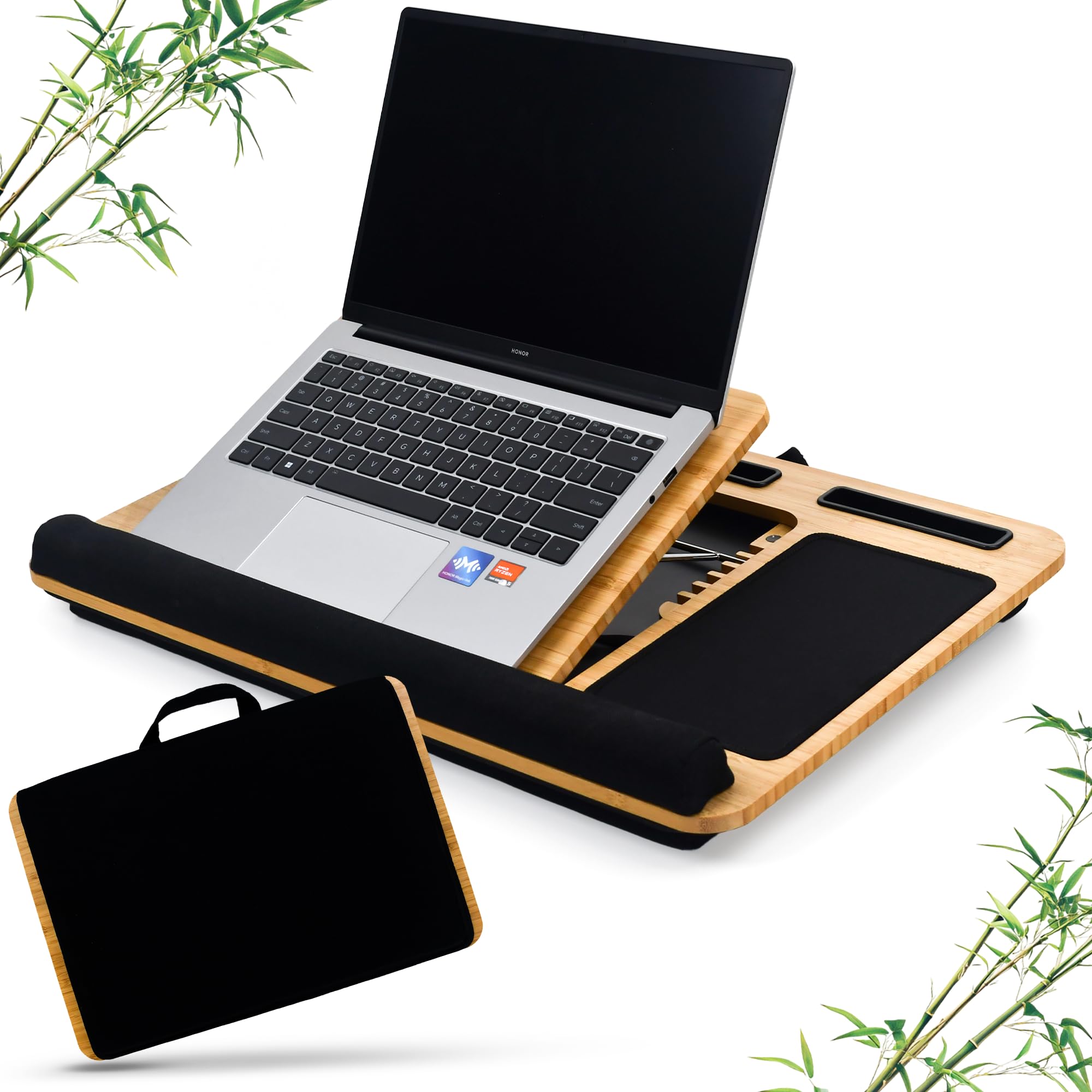 Knietablett Mit Kissen Aus Bambus, Verstellbare Laptop Unterlage Mit Handyhalter Und Mousepad, Laptop Unterlage Schoß Mit Handauflage, Lap Desk Laptopkissen Lapdesk Notebook