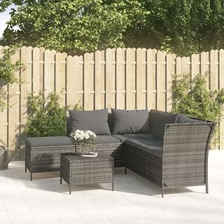 ACAGALA Gartenmöbel Set mit Stauraum 4 Teilig Poly Rattan Balkonmöbel Set mit Cremeweiß Kissen, Ecksofa + Hocker + Couchtisch, Outdoor Loungemöbel Gartensofa Garnitur für 5 Personen, Grau