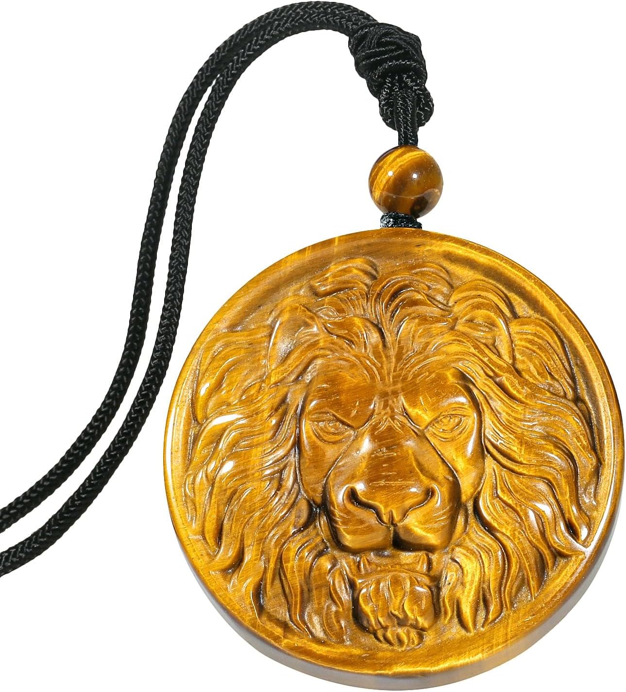 TUMBEELLUWA Lion Head Pendant Necklace for Men, Natural Crystal Protection Amulet Animal Charm Jewelry with Adjustable Cord, Tiger's Eye Stone