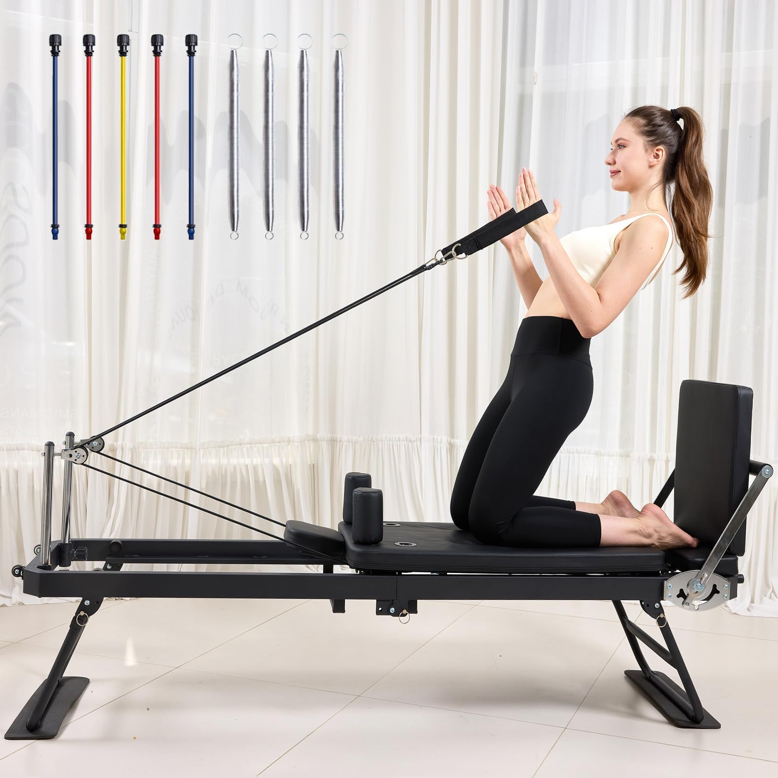 Pilates Reformer Reformer Pilates Machine Foldable with Jump Board for Home and Gym Workouts 5 Color Cords Suitable for Advanced and Beginners with Belt Spring