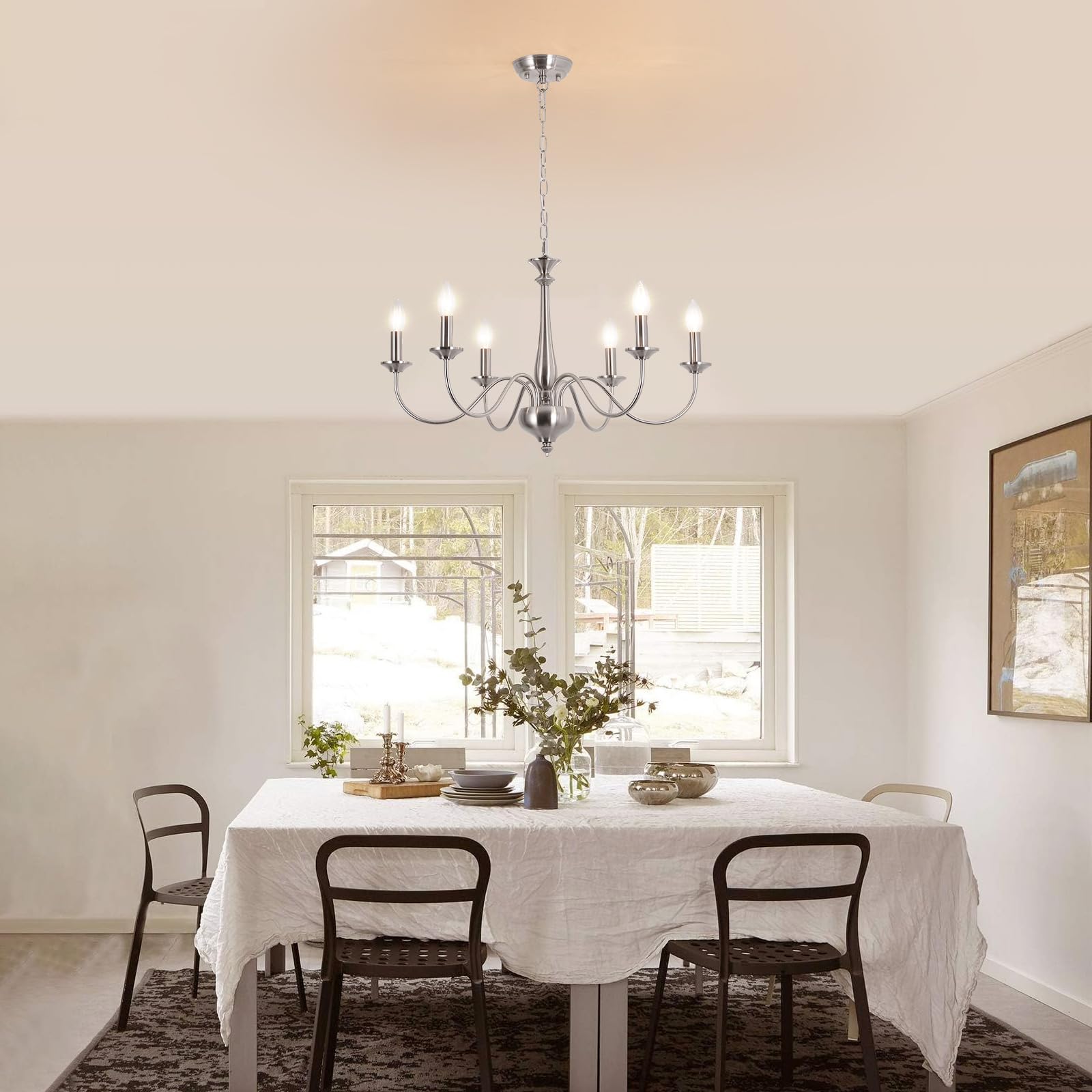 Lustre Salon Moderne Lustre Salle à Manger Bougie Chandelier Lustres Couleur Nickel,6*E14 Style RéTro -Convient Pour La Salle à Manger, Cuisine,EntréE（Non Incluses）