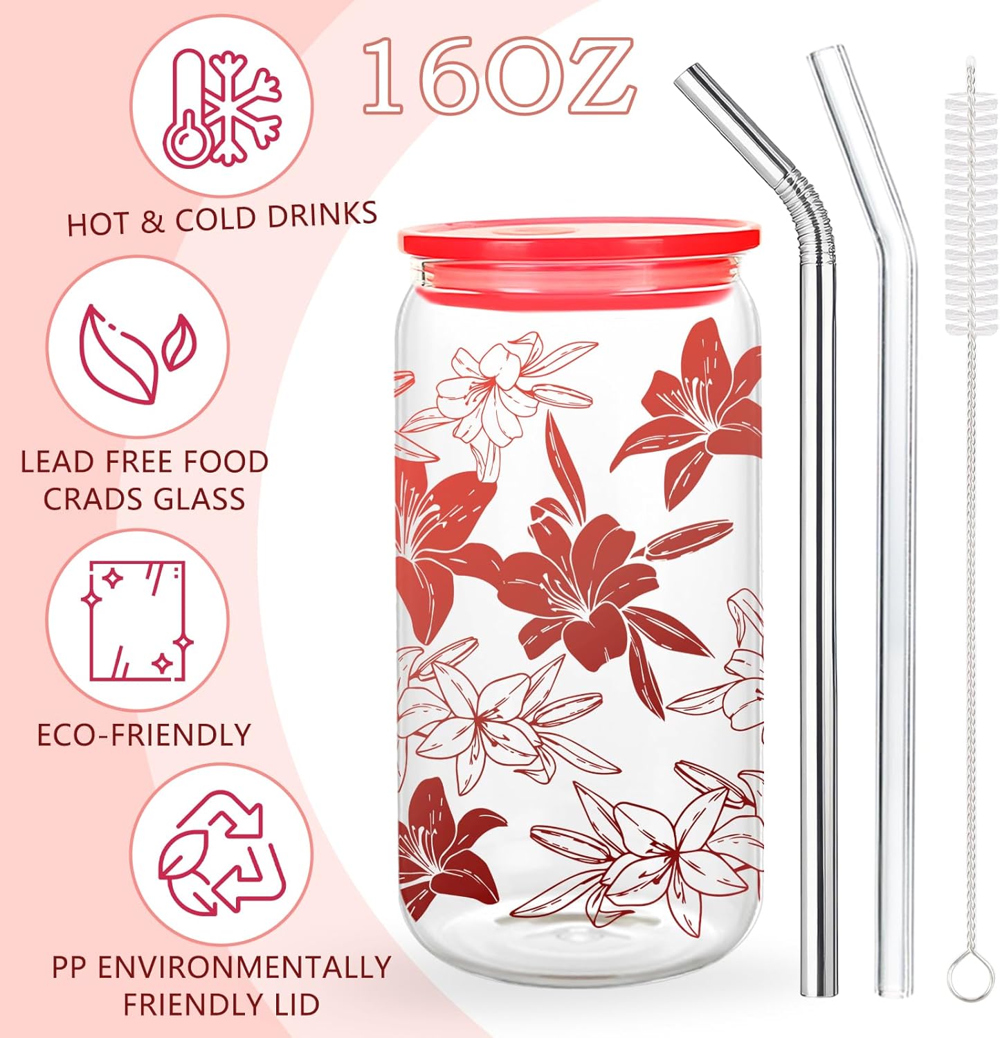 Kihraw Lily flower Glass Cups Floral Drinking Glasses Lovely Floral Iced Coffee Cup with 2 Straw 16 oz for Women Girl Holiday Summer Home Office Decorations - Image 2