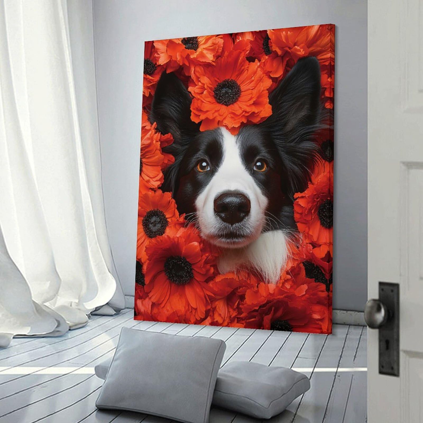 Junmoney Frame-Style-22 Border Collie Dog Surrounded By Poppies Decorative Wall Artwork, 16X24inch(40X60cm), For Home Lounge, Bedroom Or Reading Nook, Easy Decor For Gallery Walls
