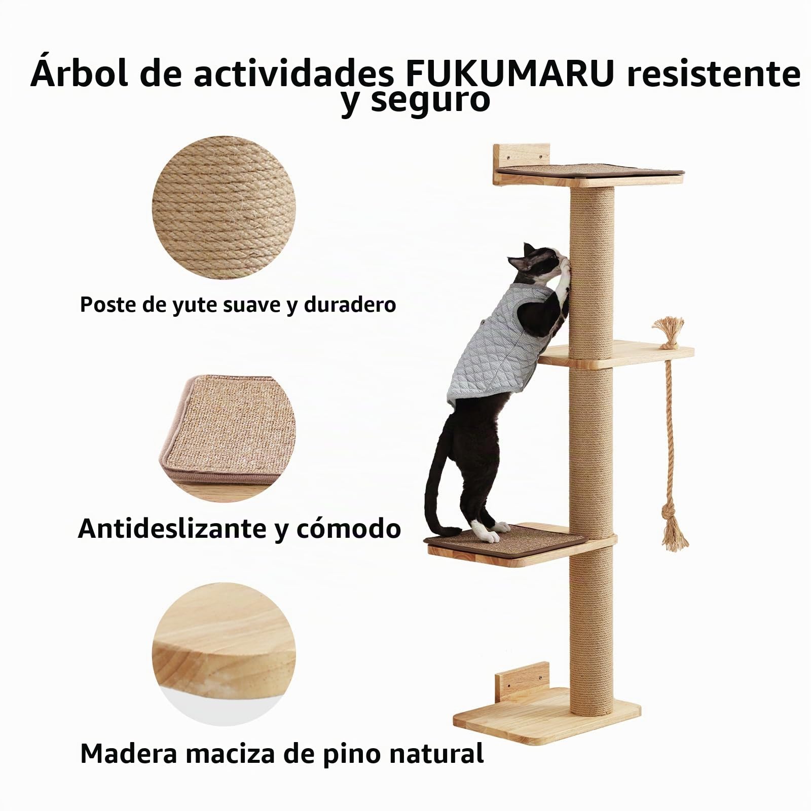 FUKUMARU Árbol para Gatos de 127 cm, Montado en la Pared, Con Cama, Poste Rascador y Colchoneta de Yute, Hecho de Madera de Caucho Sólida Natural, Grande