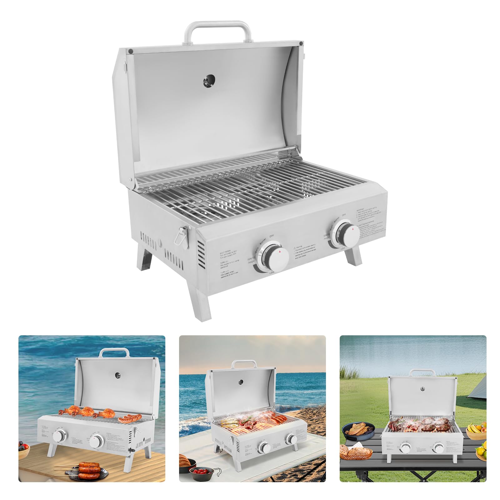 Barbecue a gas in acciaio inox con 2 tubi a forma di U, barbecue da campeggio, controllo indipendente, barbecue da picnic