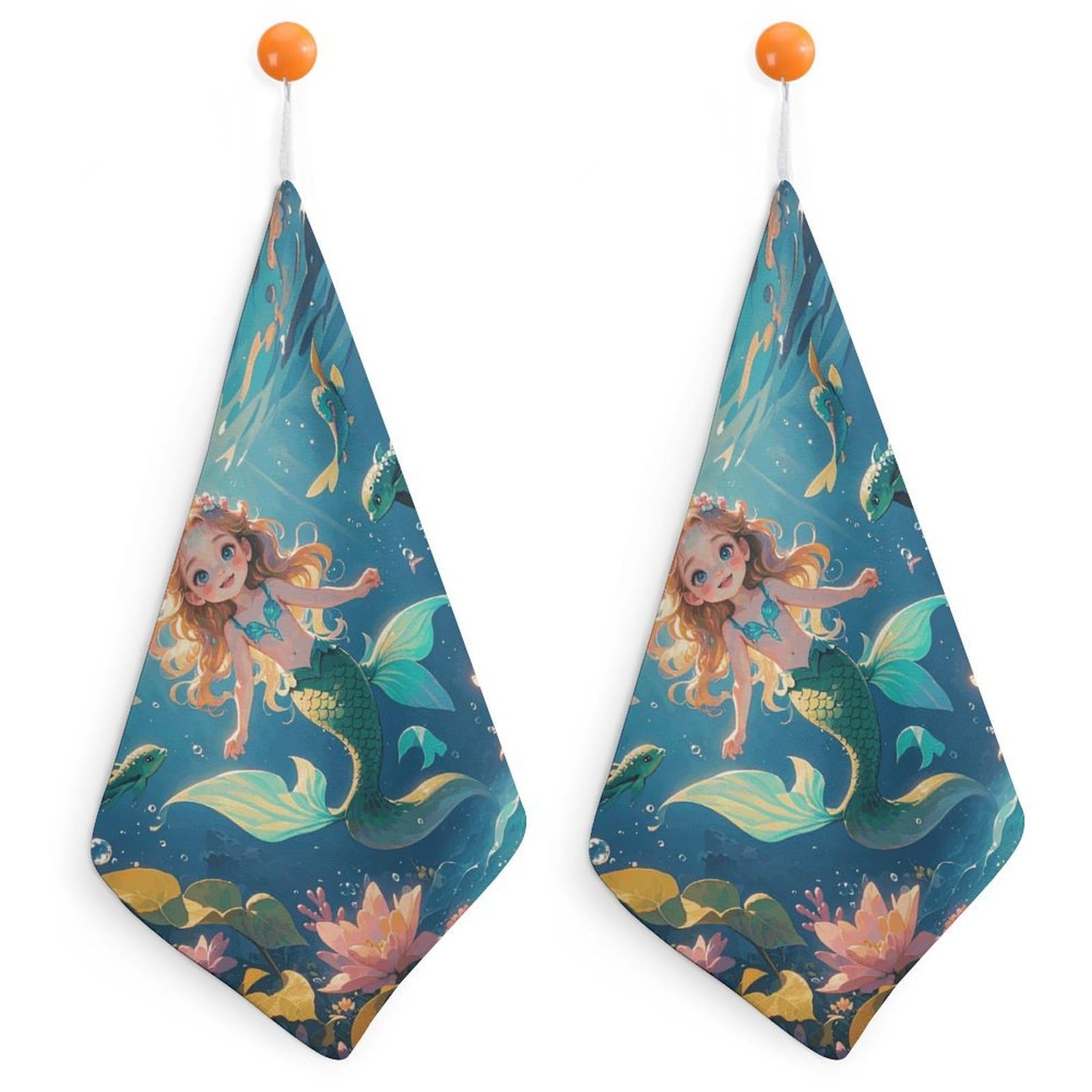 QMNLKH Mermaid Hand Towels for Kitchen, Quick Dry Hanging Hand Towels with Loops, Absorbent Hand Towel for Bathroom, Square Soft Microfiber Towels for Gym, 11.8inch 2PCS