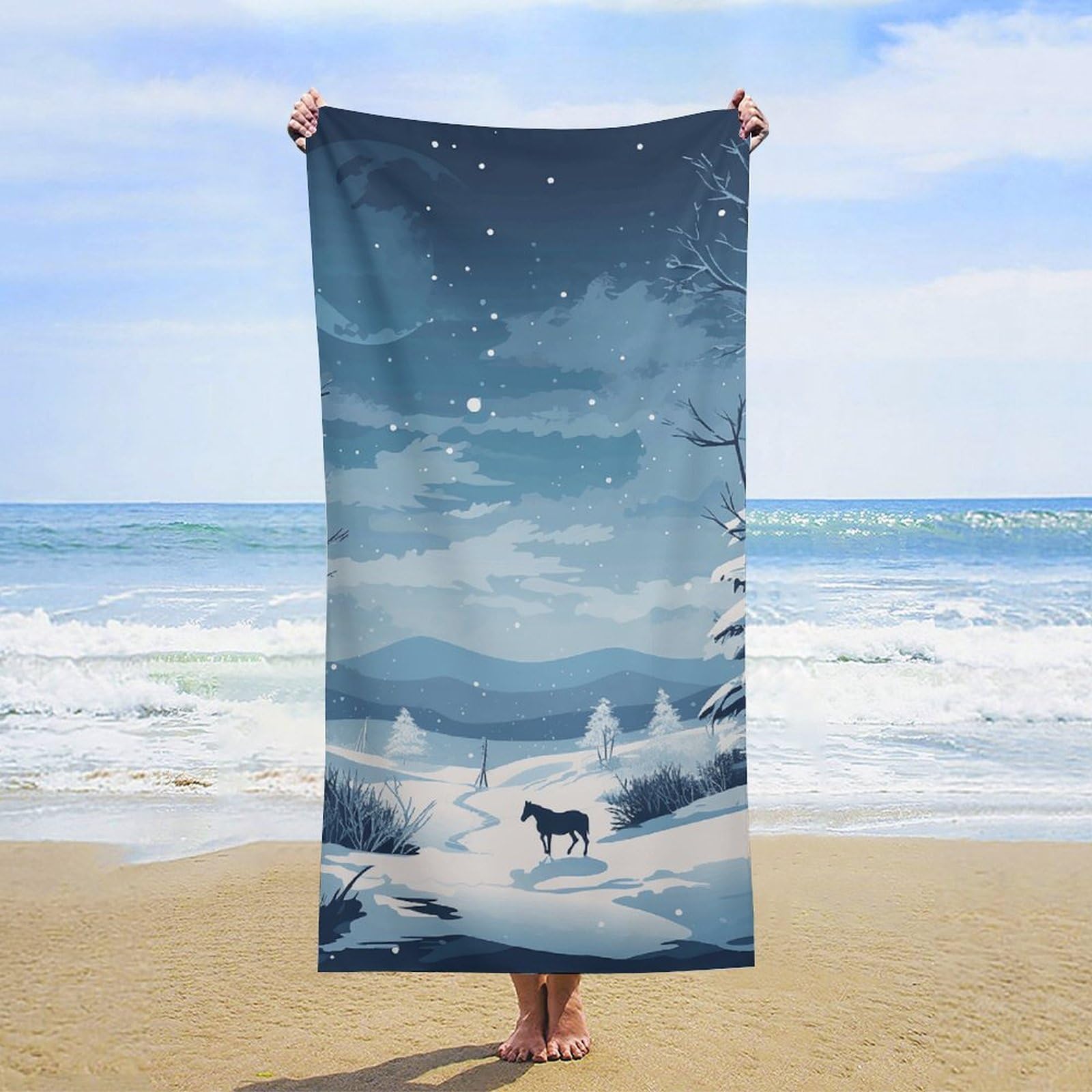 NTVOWPZO A Horse and Snow Beach Towel Oversized Microfiber Bath Towels Lightweight Sand Proof Beach Towels Absorbent Pool Towels for Swimming Yoga Bathroom Towel 31.5" X 63"