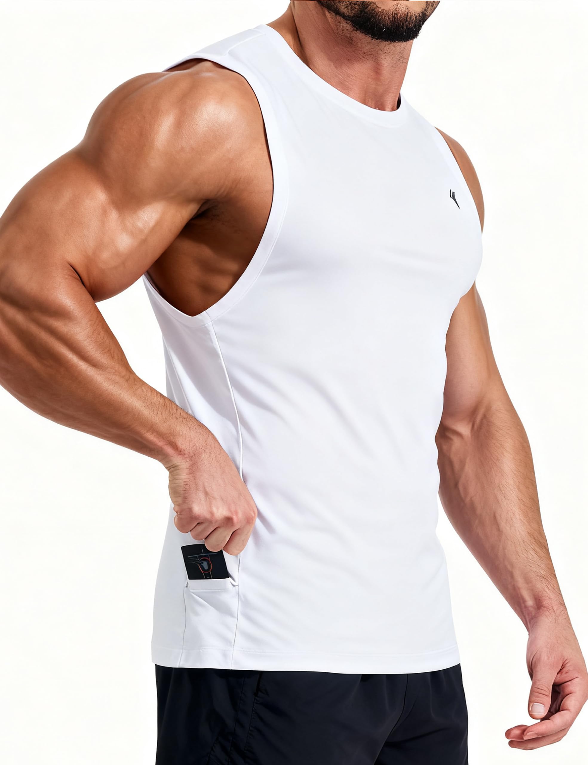 KPSUN Men's Quick Dry Workout Tank Tops Sleeveless Gym Muscle Shirts Fitness Running Athletic Swim Shirt with Side Pocket