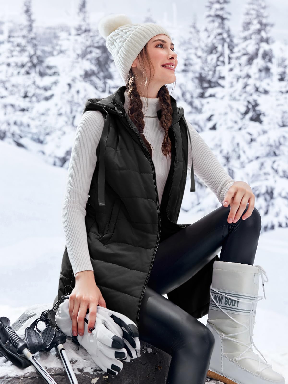 Imily Bela Chaleco acolchado largo y ligero con capucha para mujer, sin mangas, chaqueta de invierno, chaleco de entretiempo cálido