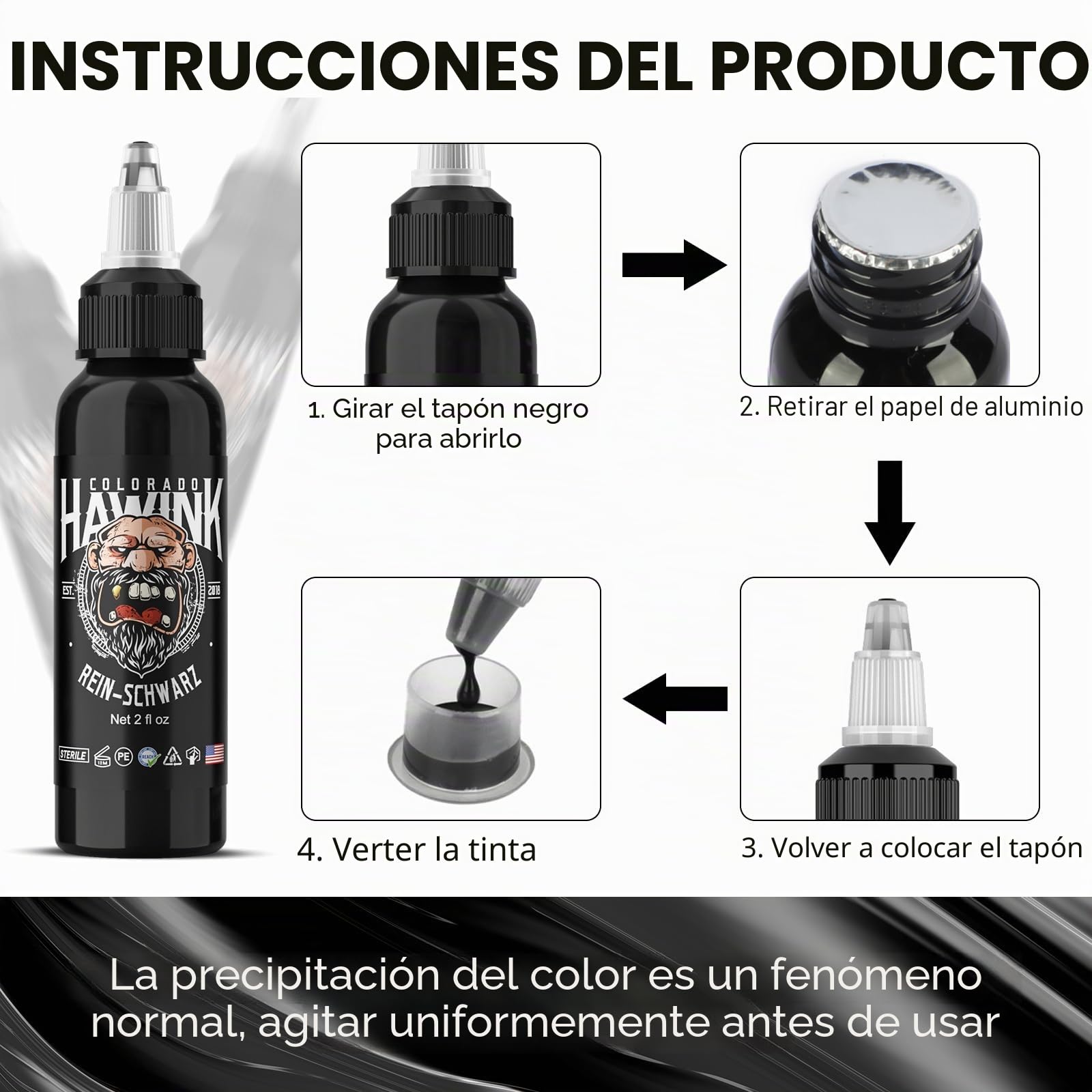 HAWINK Tinta Negro Puro Tatuaje Profesional 1 Botella de 2oz (60ml) Tattoo Ink Black TI203DE-60-001