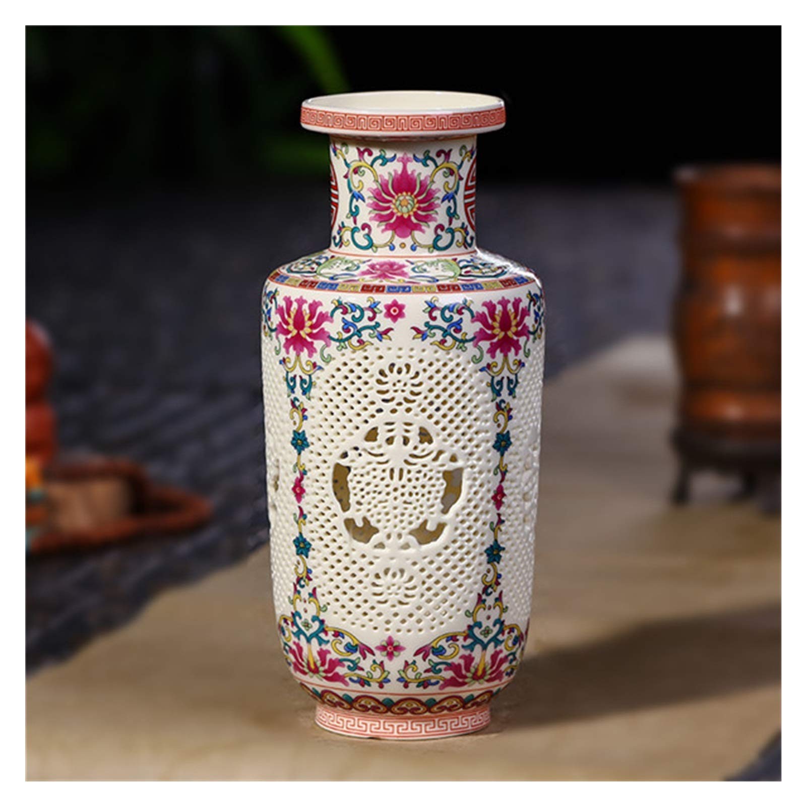 asdchZen Vases Antique Ceramic Vase Chinese Pierced Vase Wedding Gifts Home Handicraft Furnishing Articles Vases For Decor,J