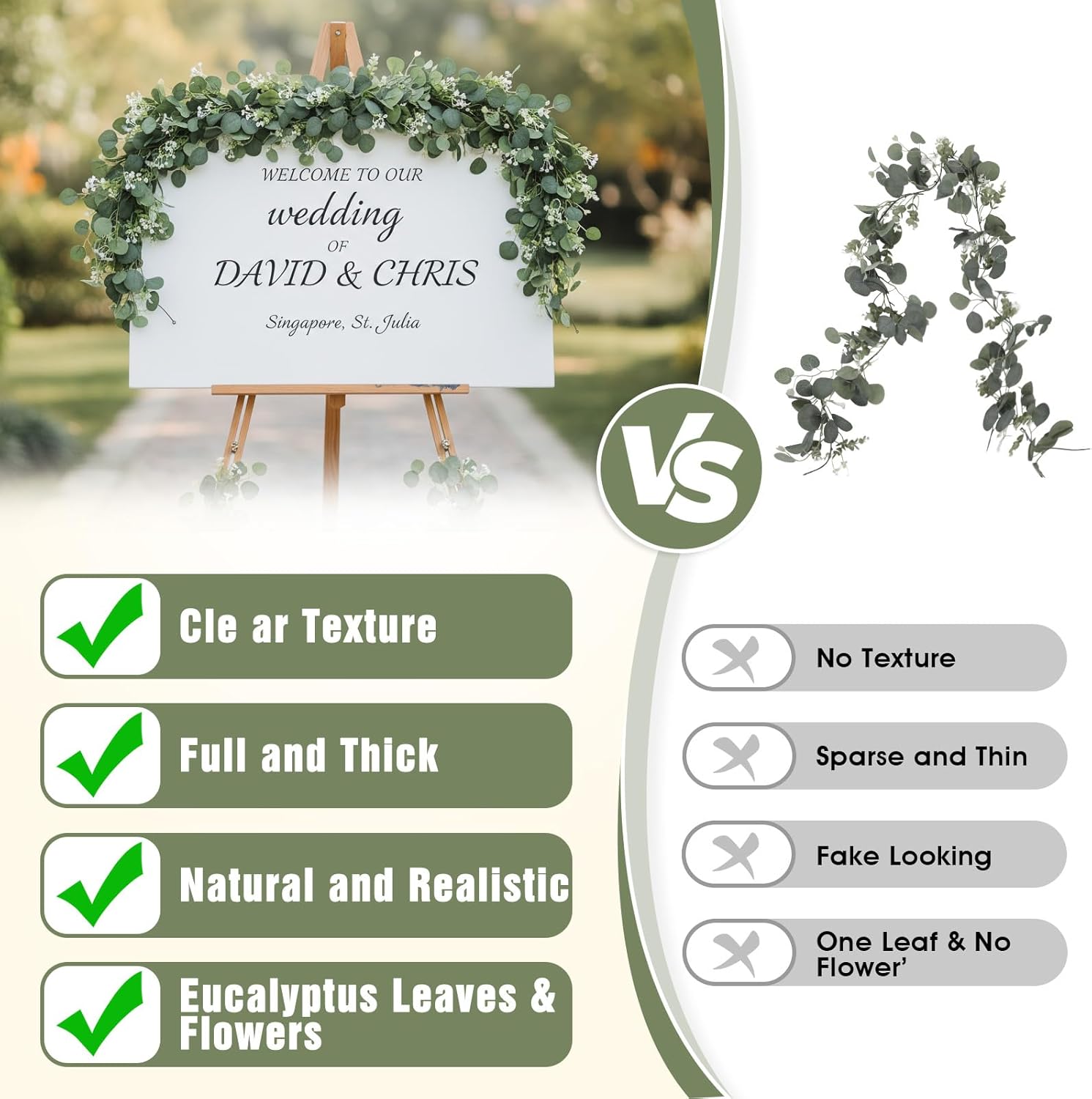 8 Pcs 5.9Ft Eucalyptus Garland, Artificial Eucalyptus Leaves with Flowers Faux Table Greenery Garland Fake Wreath Vines Decoration for Centerpiece, Wedding, Arch, Wall, Stair, Party