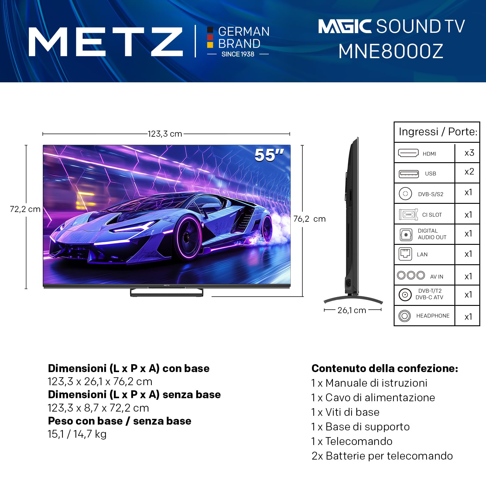 Metz TV QD-MiniLED 55 Pollici Smart TV MNE8000Z, 144hz, MEMC, Dolby Vision Atmos, HDR10, Freesync, VRR, ALLM, Googlecast,Tuner DVB-T/T2/C/S/S2/Analogico