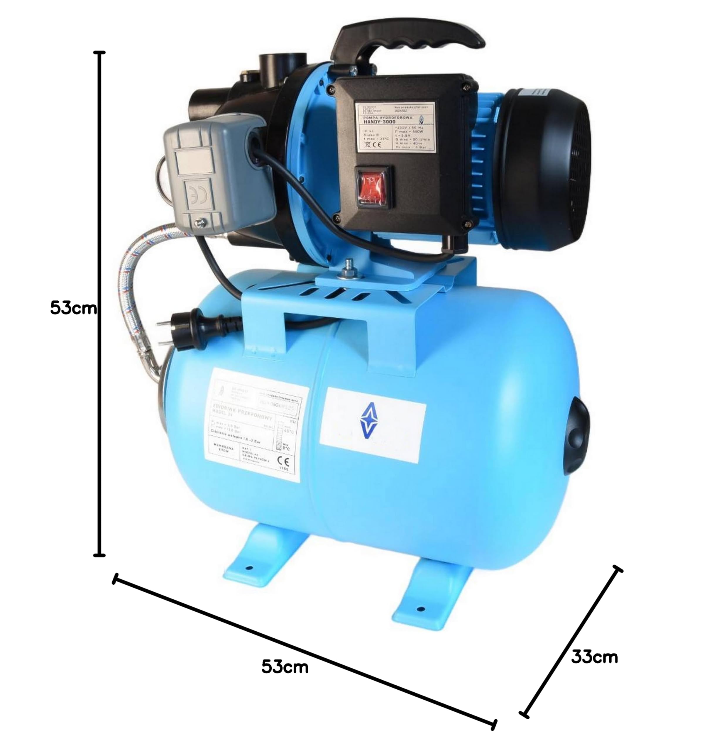 Hydrofor do Wody 24L ZESTAW HYDROFOROWY Pompa Hydroforowa HANDY 3000 (550 W, 3000 l/h, max. podnoszenie 40 m) Zbiornik Przeponowy 24 Litry Osprzęt WYDAJNY