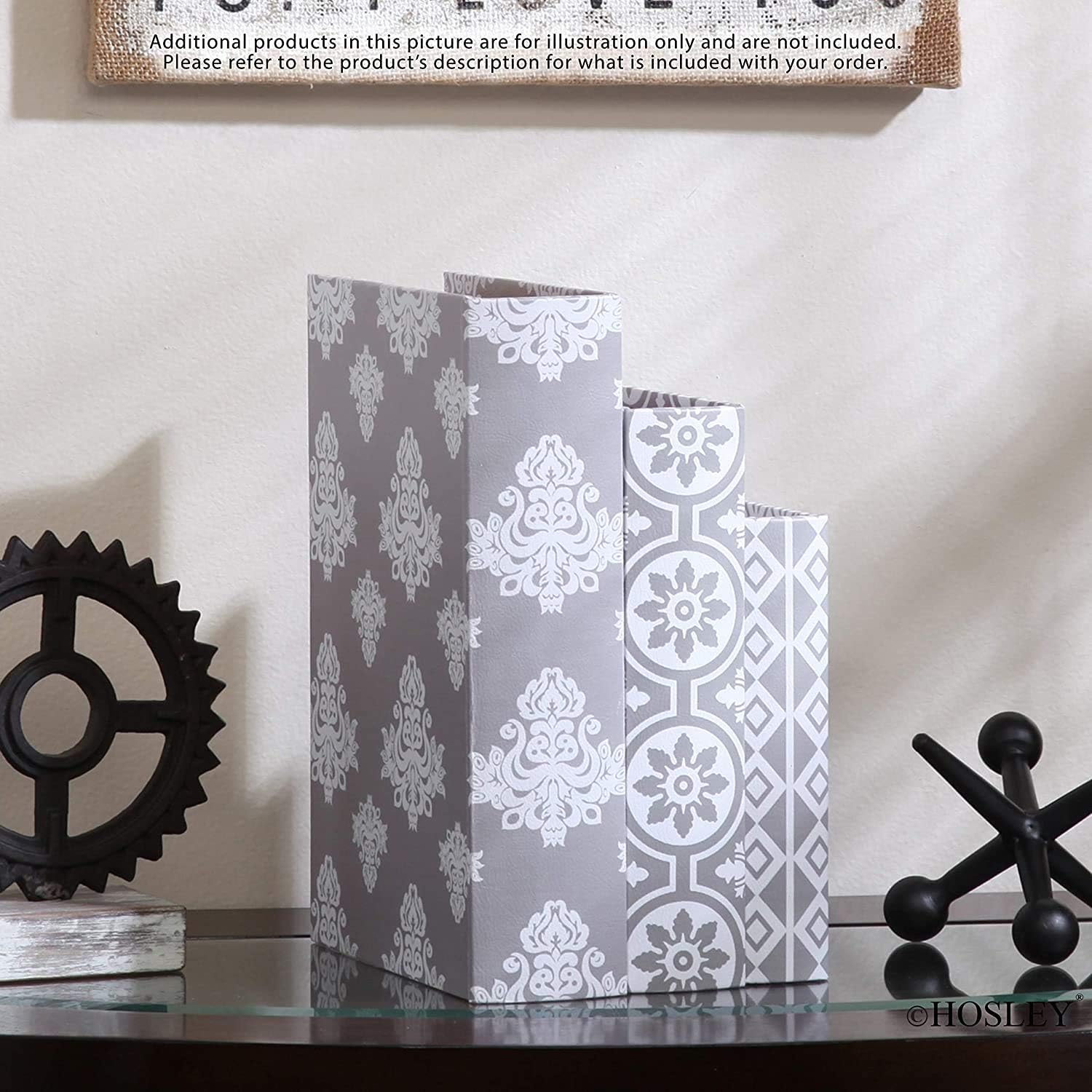 Hosley 2 Sets Storage Memory Book Box Set /3, Gray White Farmhouse Large 12", Med 10" Small 8" High Ideal Gift for Wedding Memories Jewelry Trinket Hobby Keepsake Cash Pill Polish Gifts Letter File Photo O6