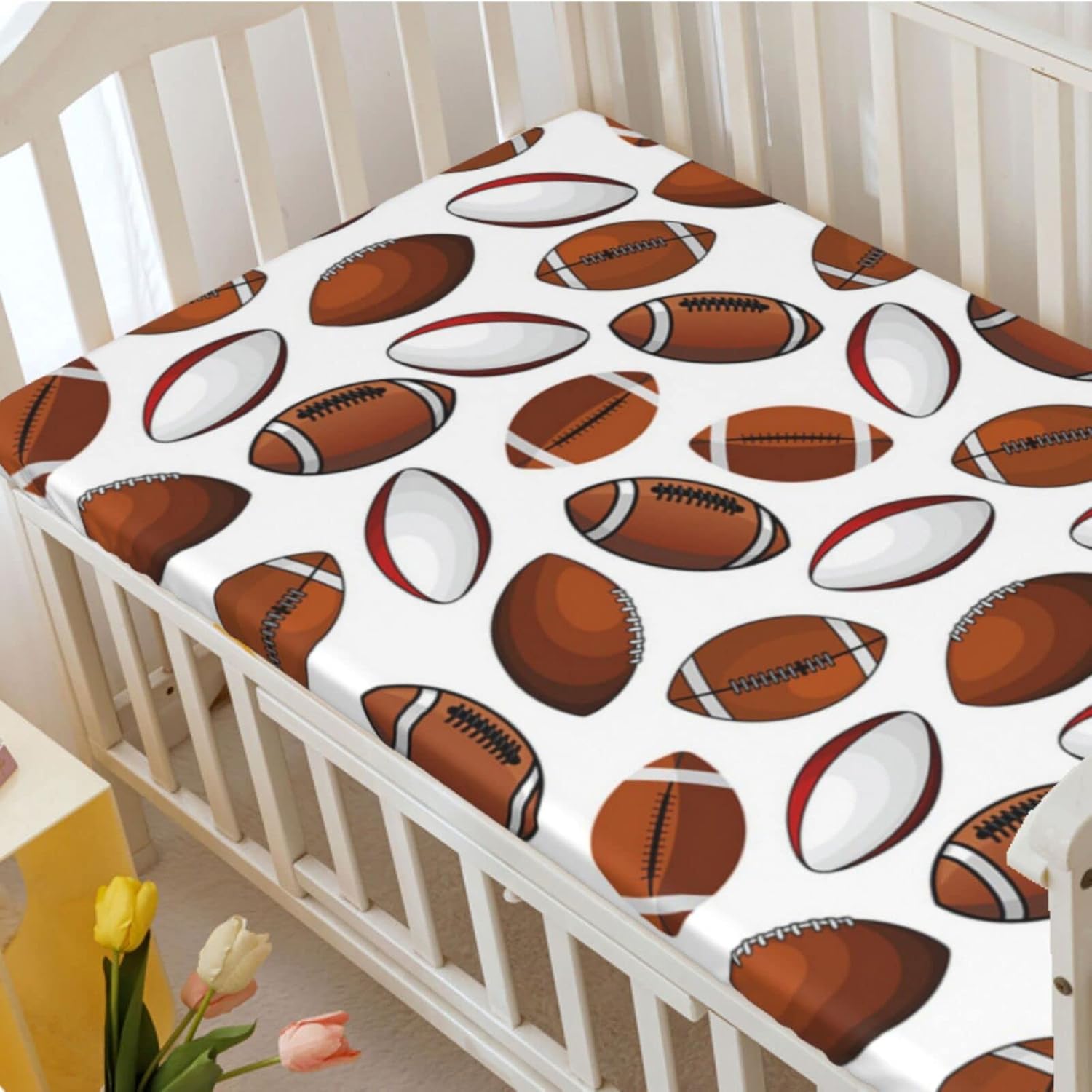 American Football Themed Fitted Crib Sheet,Standard Crib Mattress Fitted Sheet Soft Toddler Mattress Sheet Fitted -Great for Boy or Girl Room or Nursery,28 x 52 Inch,Caramel White Ruby