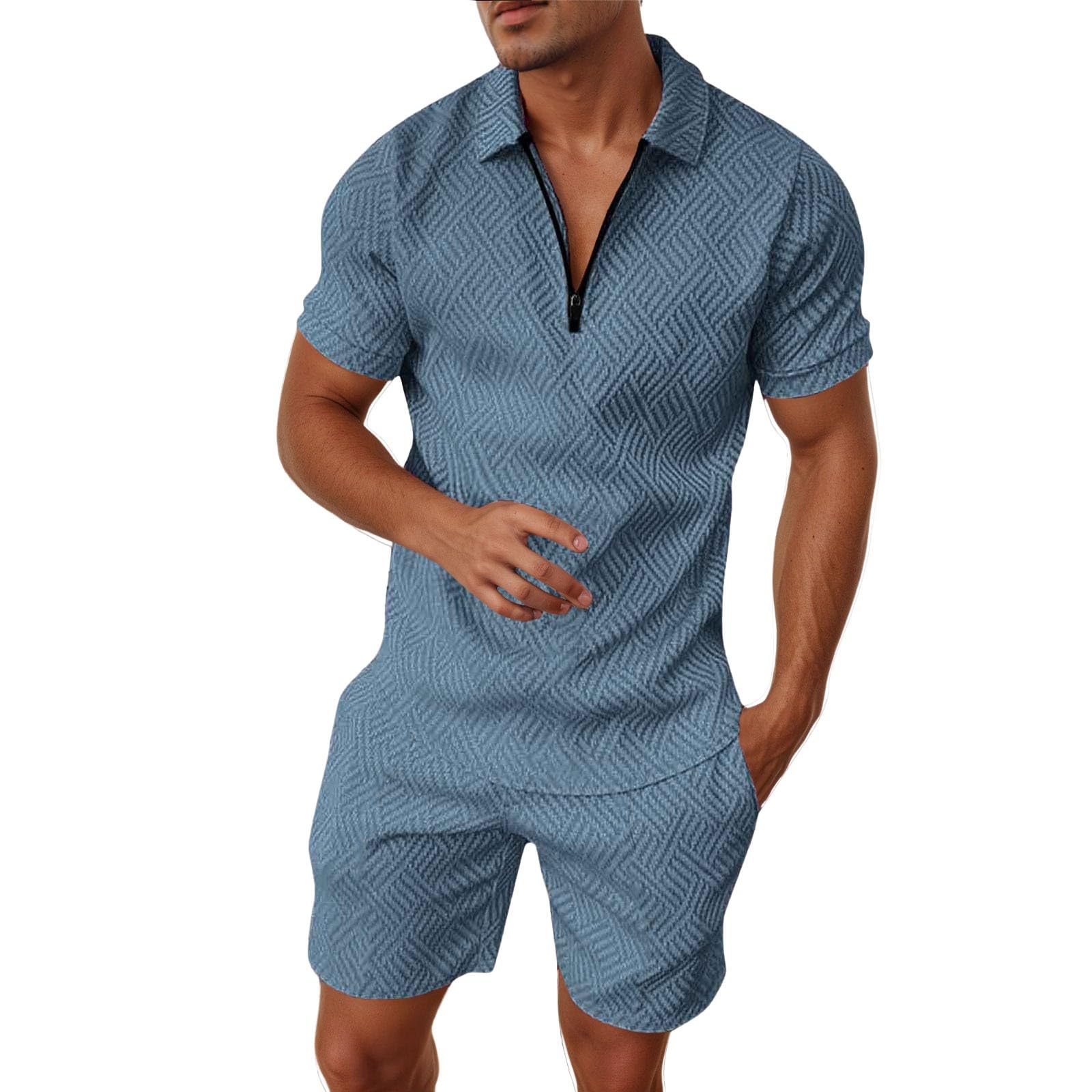 Men's Track Suits 2 Piece Striped Quarter Zipper Summer Sets Outfits Polo Shirt Breathable Casual Short Sleeve and Shorts Set