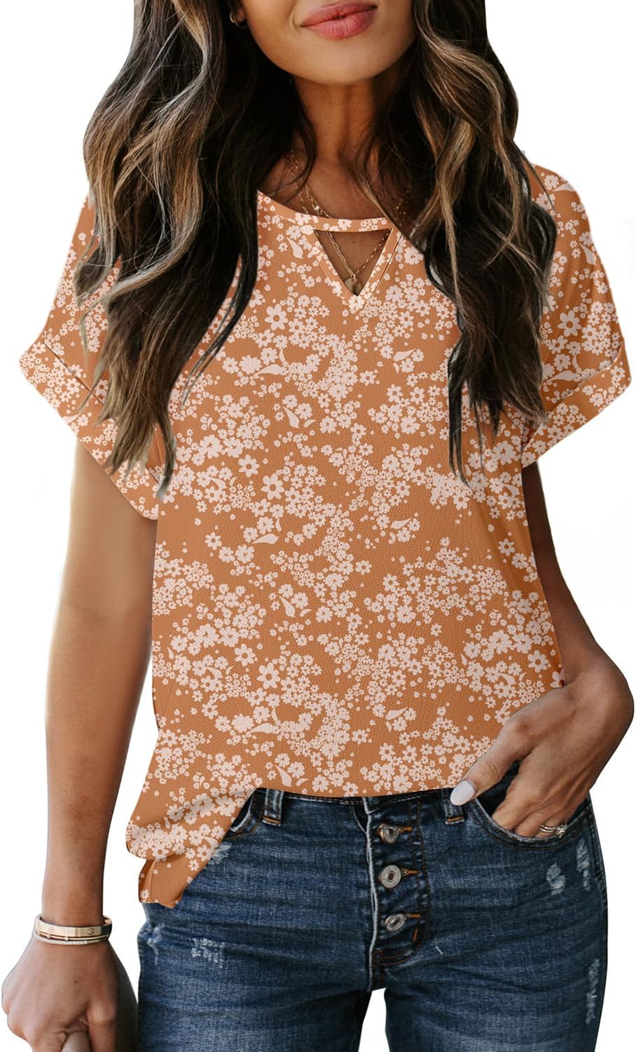 Dokotoo Women's Casual Crewneck Boho Short Sleeve Shirts 2025 Summer Floral Print Chiffon Blouses Bohemian Top Shirts