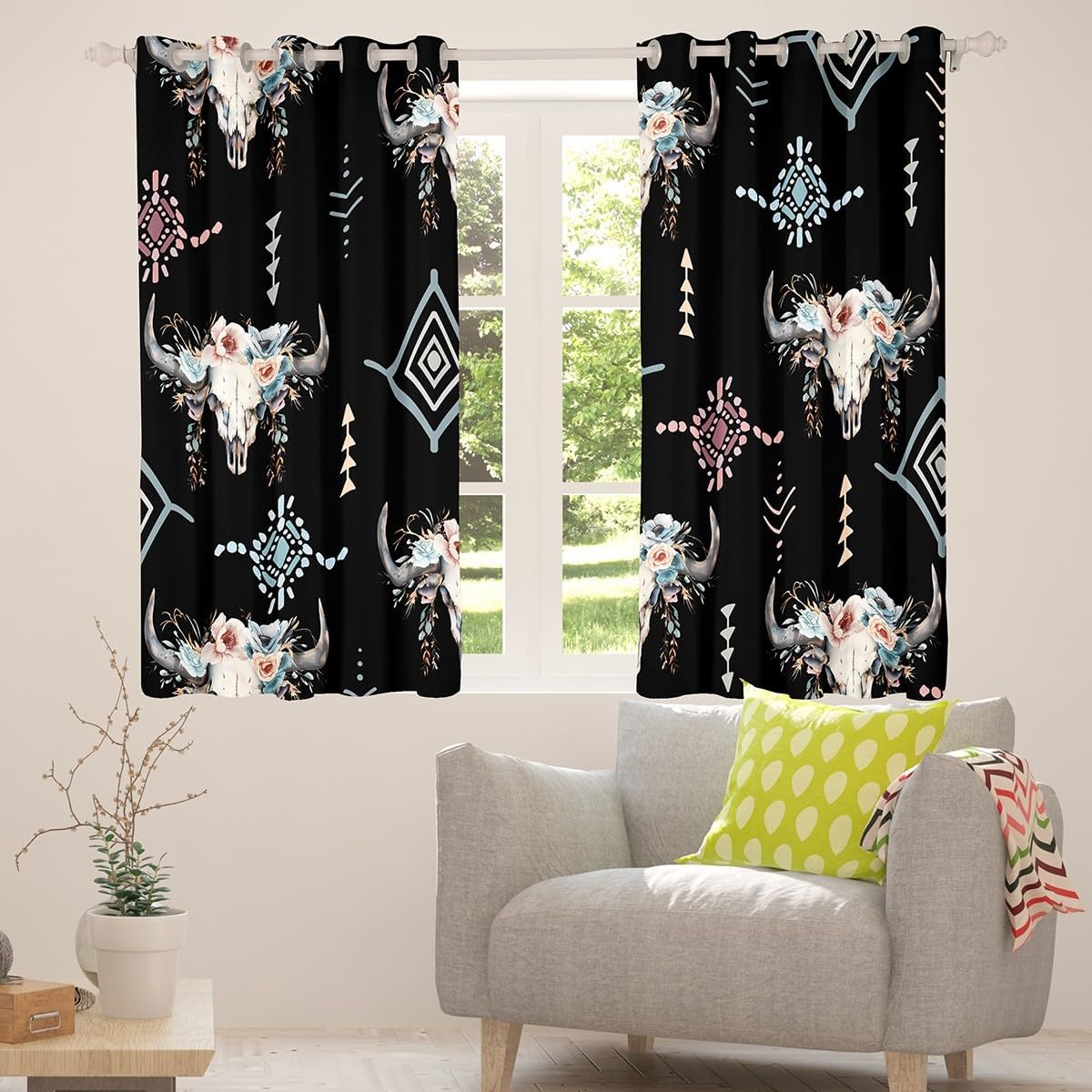 Erosebridal Native Aztec Blackout Curtains 38" Wx54 L, 2 Panels Western Boho Window Curtains Bull Skull Tribal Southwestern Window Treatments Drapes for Bedroom Cow Bohemian Geometric Black