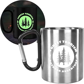 Stainless Steel Camping Mug with Carabiner Hook 280 ml Double-Walled Mug Glow in the Dark Hiking Accessories &amp; Gadgets for Ou