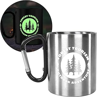 Glow-in-The-Dark Stainless Steel Camping Mug with Carabiner Handle | Double-Wall Vacuum Insulated, Compact & Lightweight 9.5oz Cup for Hiking, Backpacking